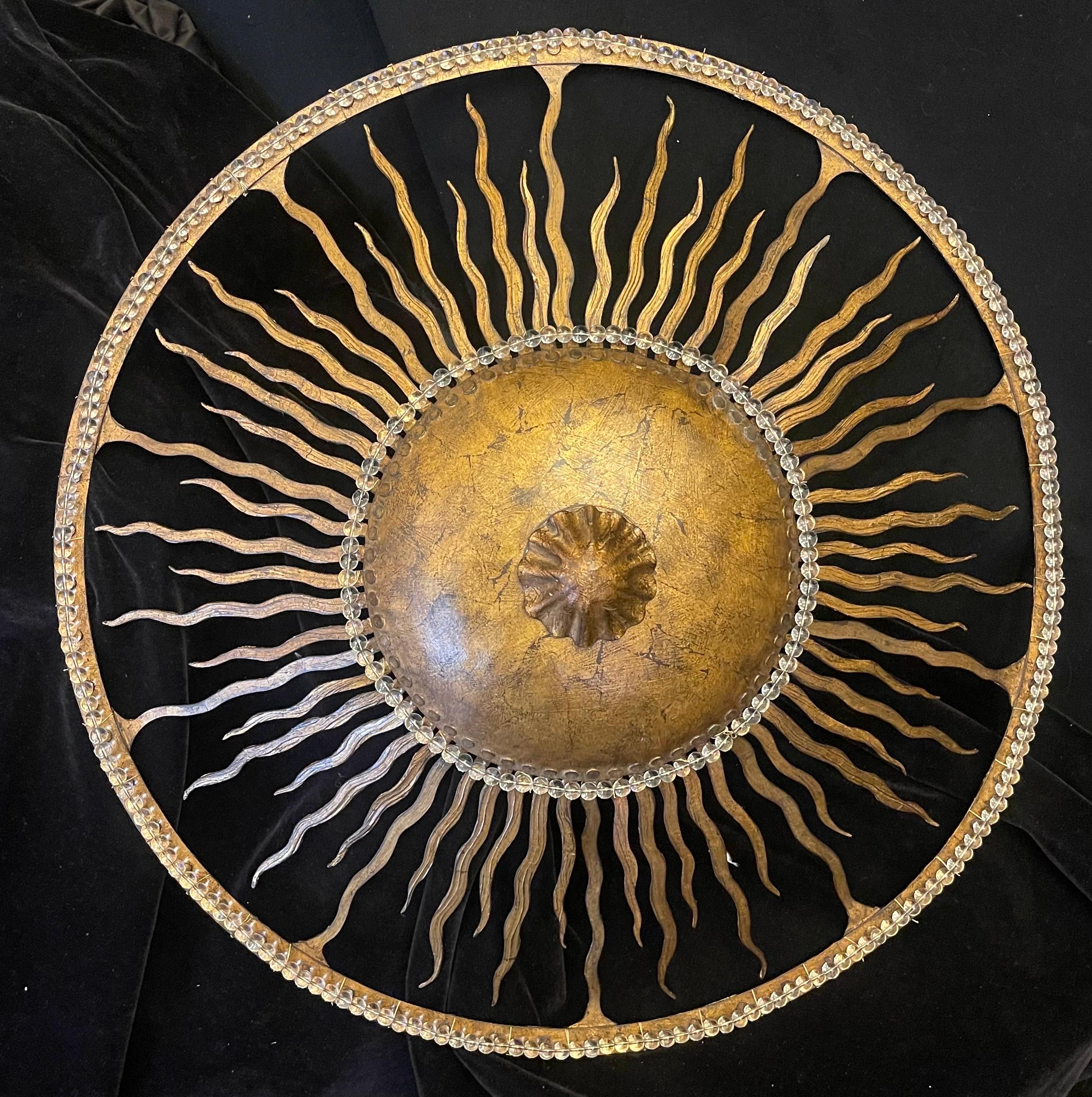 Wonderful Mid-Century Modern Crystal Gilt Sunburst Brutalist Flush Mount Pendant 5