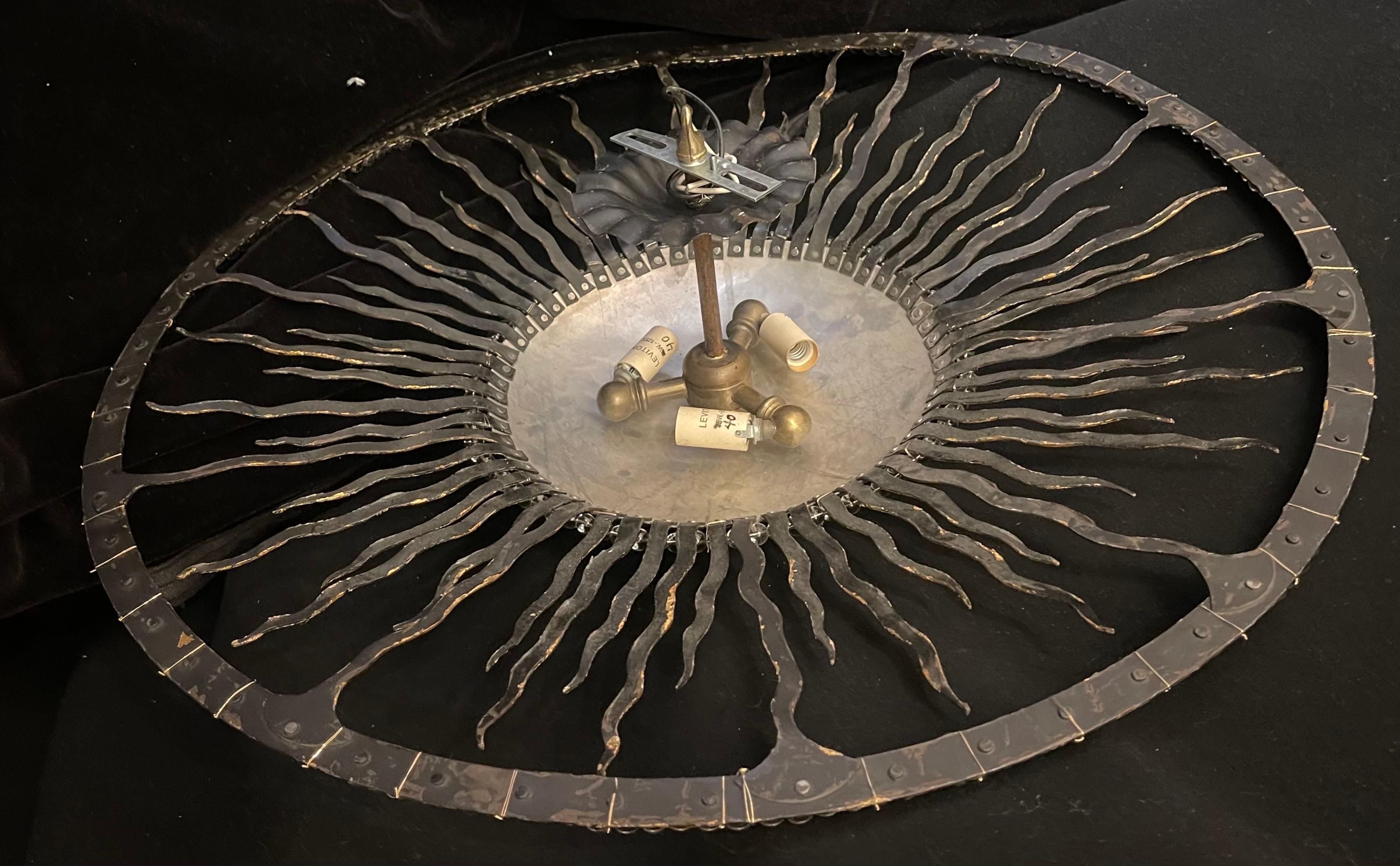 Wonderful Mid-Century Modern Crystal Gilt Sunburst Brutalist Flush Mount Pendant 7