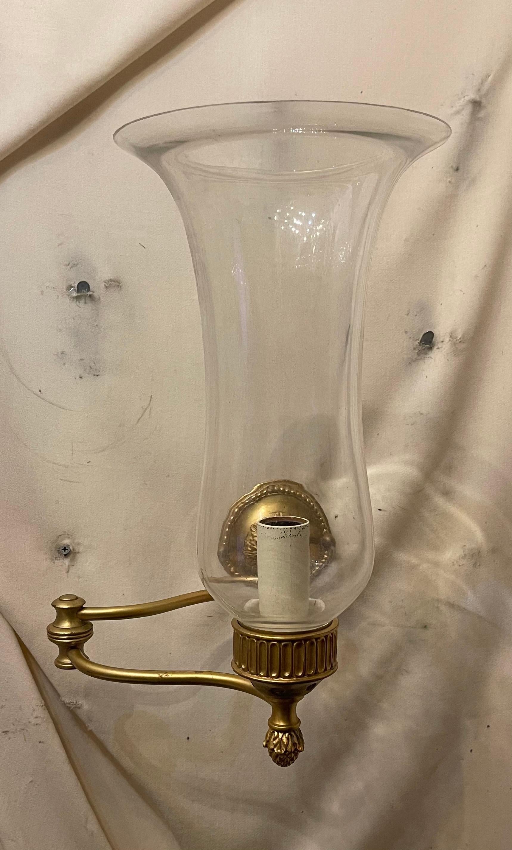 A Wonderful Baguès / Vaughan Style Empire / Regency Bronze Swing Arm Sconce With Blown Glass Hurricane Shade Wall Lamp, Ready To Install With Mounting Hardware.