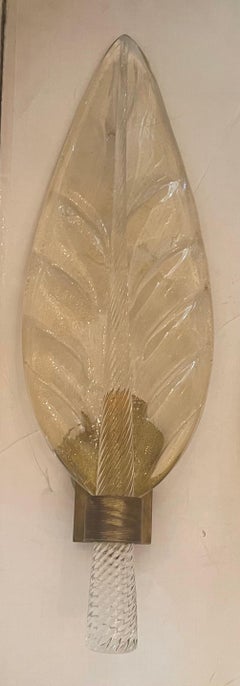 Wunderschönes Paar Barovier & Toso Murano Große Blätter aus mundgeblasenem Glas Messing Wandleuchter