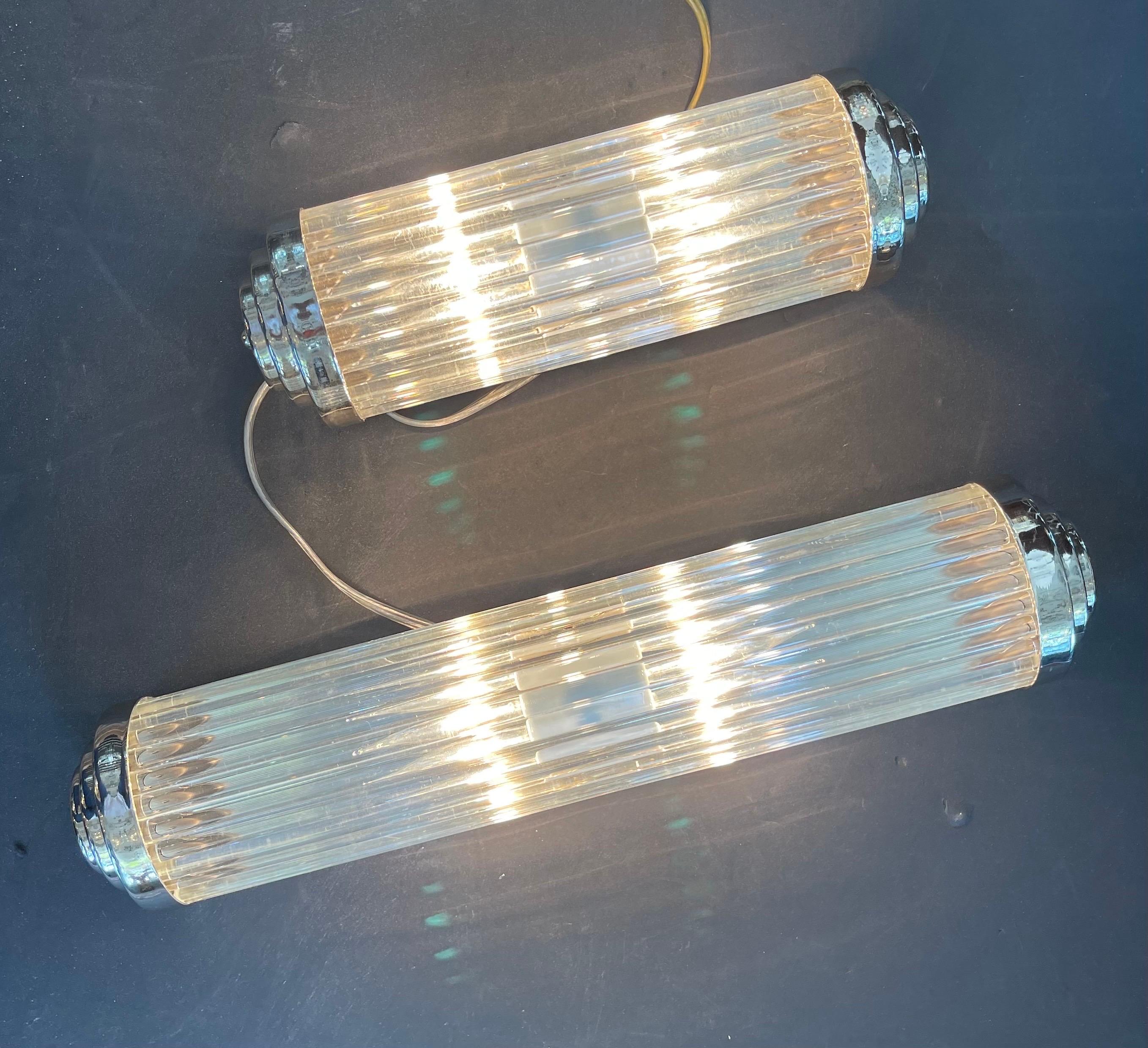 Wonderful Vintage Nickel Glass Rod Art Deco Skyscraper Theater Cinema 4 Sconces For Sale 1