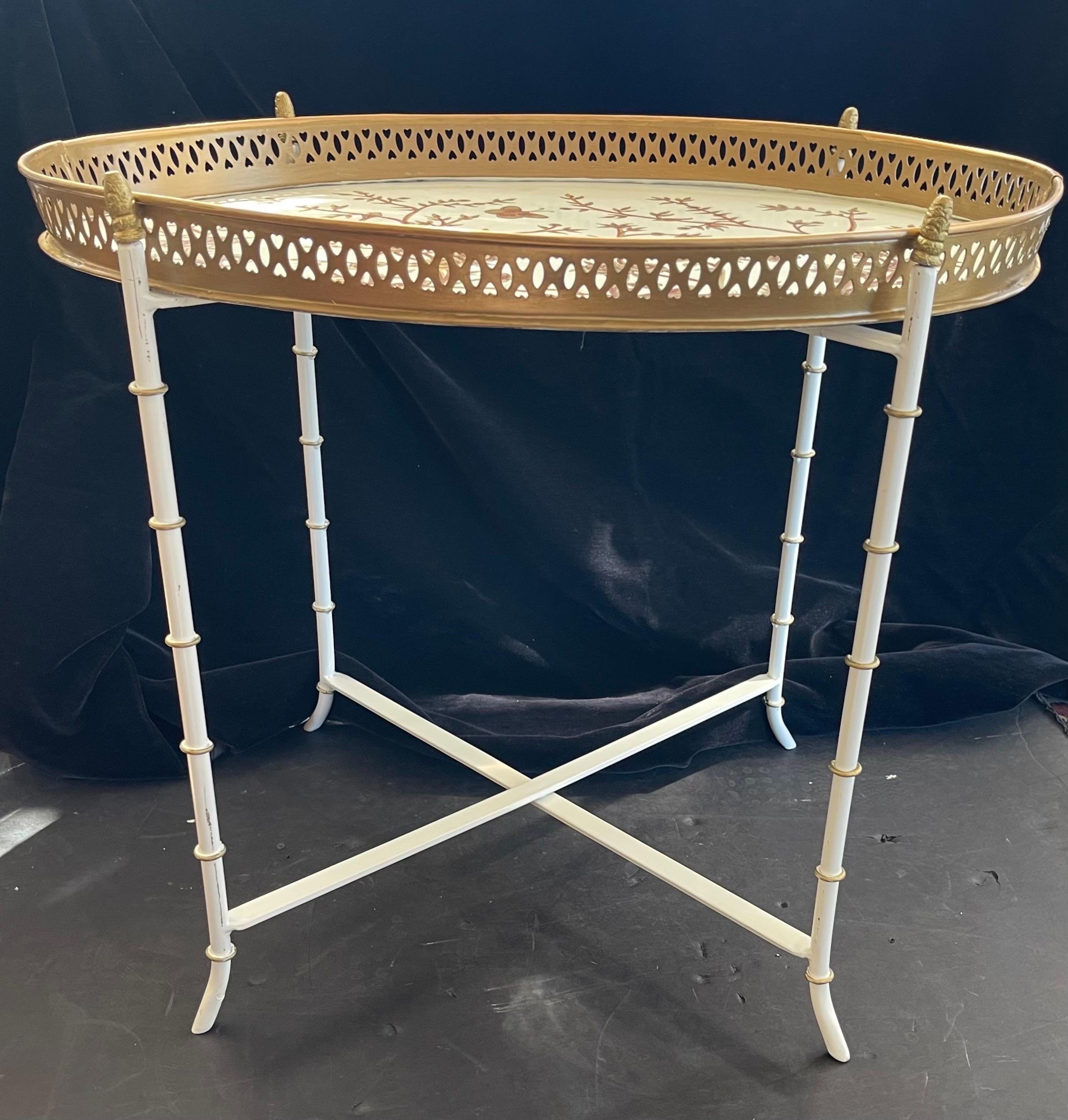 Hand-Painted Wonderful Bamboo Oval Handpainted Tole Coffee Cocktail Side Tray Table For Sale