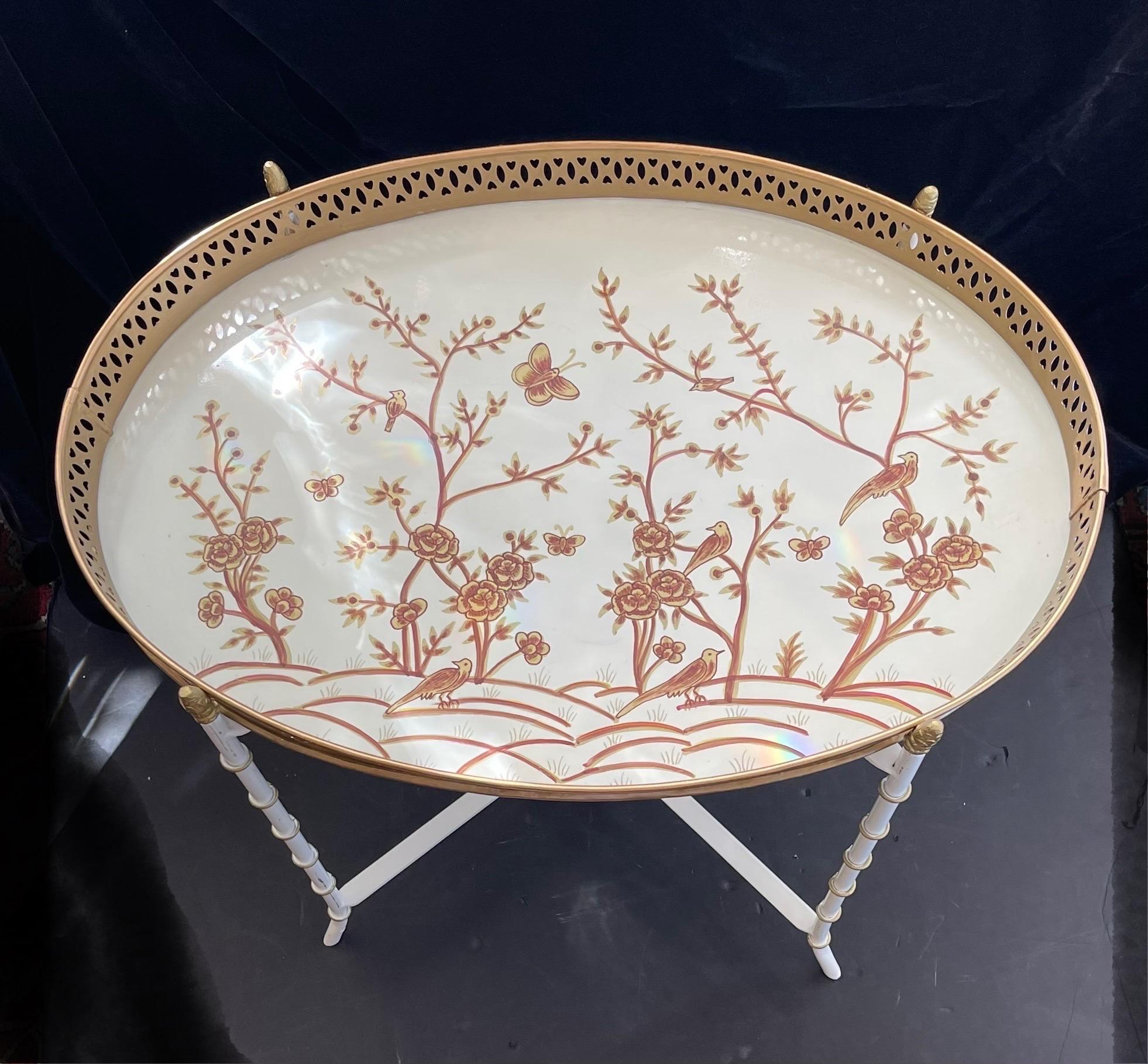 Chinoiserie Wonderful Bamboo Oval Handpainted Tole Coffee Cocktail Side Tray Table For Sale