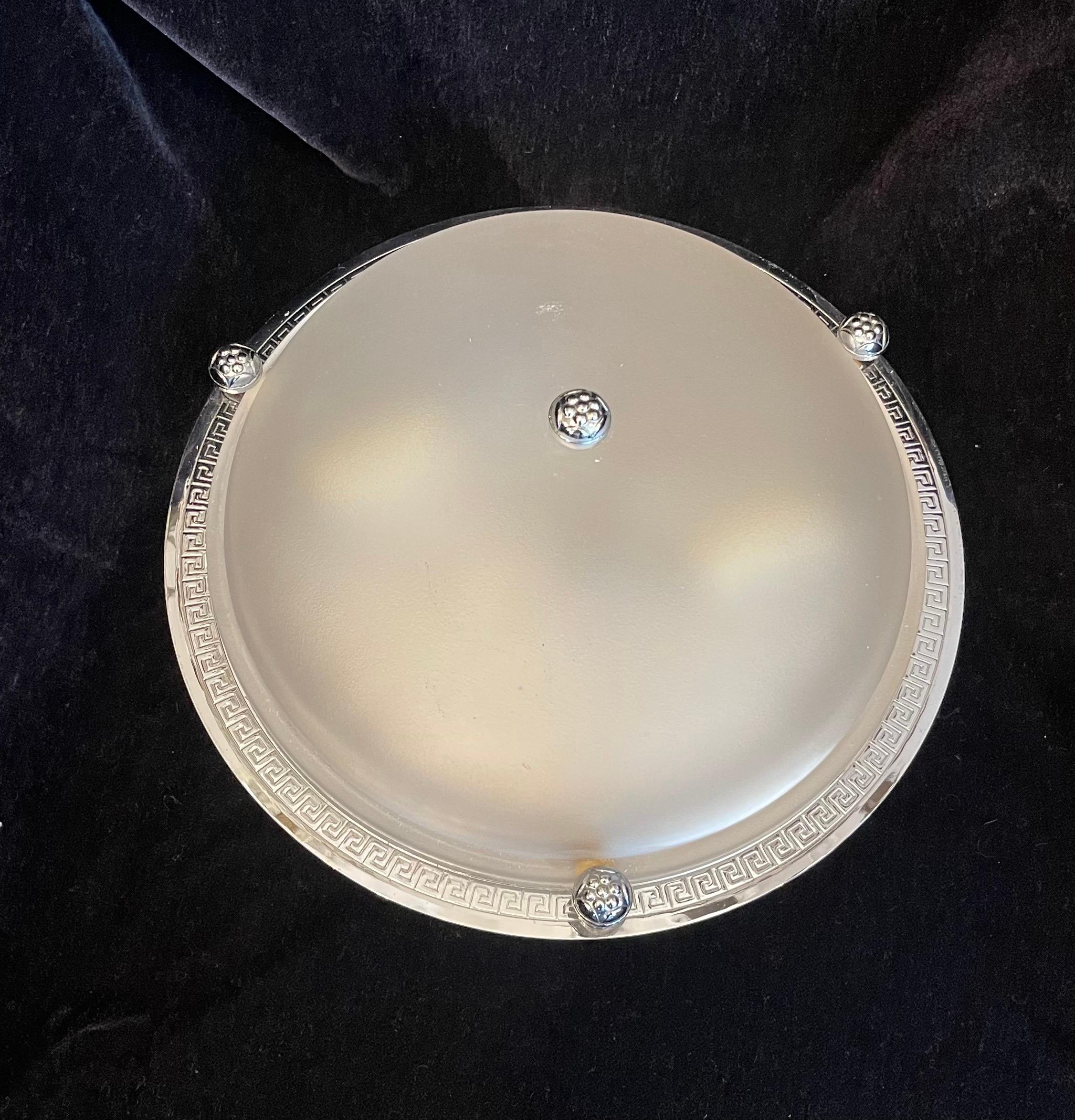 Vaughan Regency Greek Key Polished Nickel Frosted Glass Flush Mount Fixture In Good Condition For Sale In Roslyn, NY