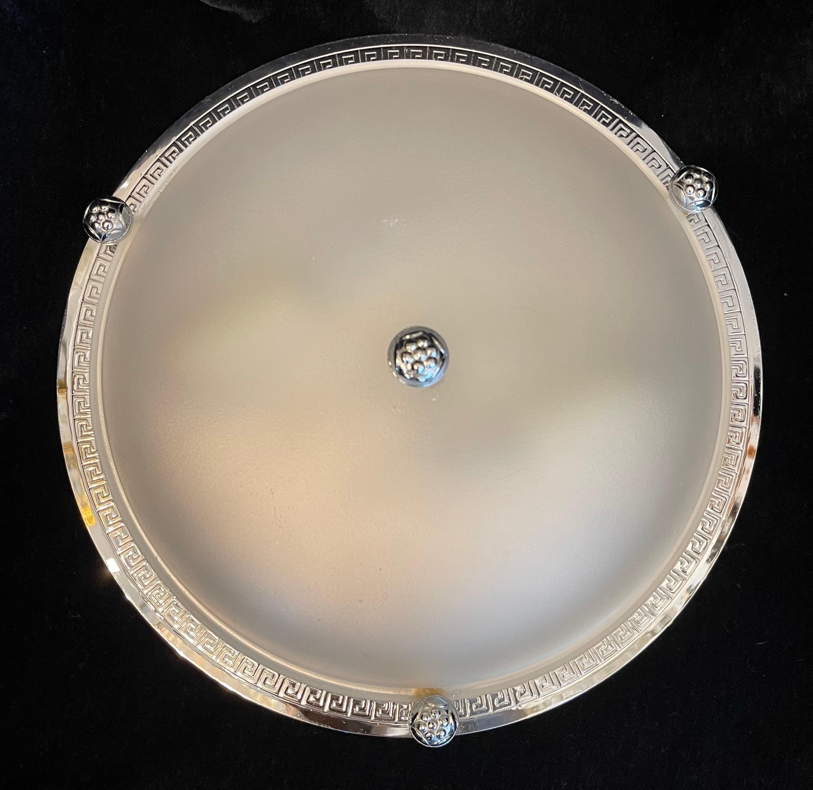 20th Century Vaughan Regency Greek Key Polished Nickel Frosted Glass Flush Mount Fixture For Sale