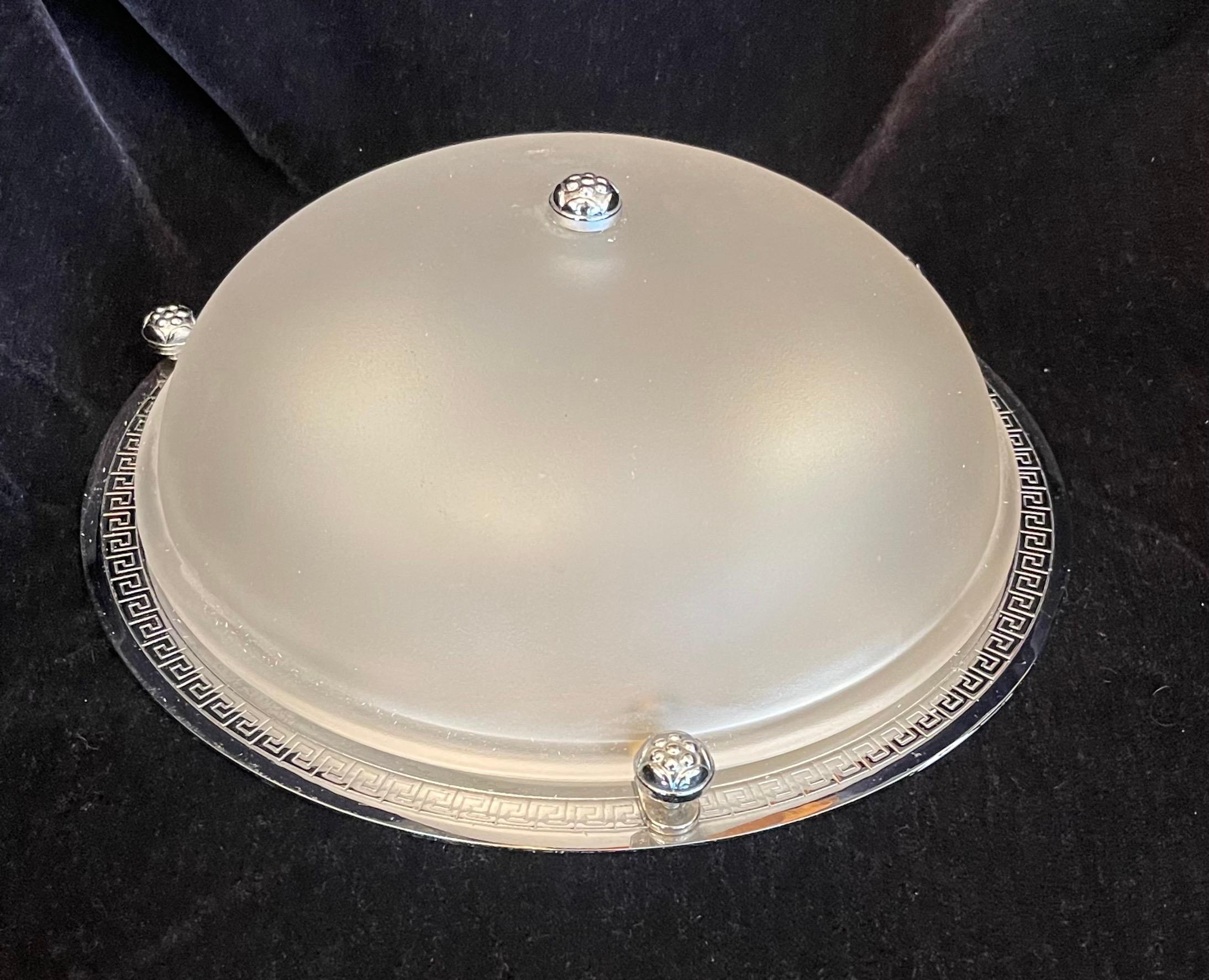 A Wonderful Vaughan Regency Style Greek Key Design Polished Nickel And Frosted Glass Shade 2 Candelabra Light Flush Mount Fixture

