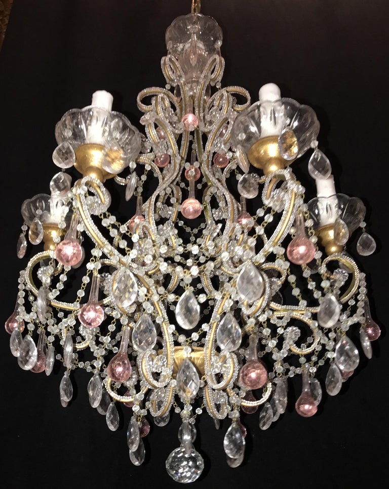 Wonderful Beaded Italian Giltwood Pink Tear Drop Bird Cage 20th Century Wonderful Beaded Italian Giltwood Pink Tear Drop Bird Cage Chandelier Fixture For