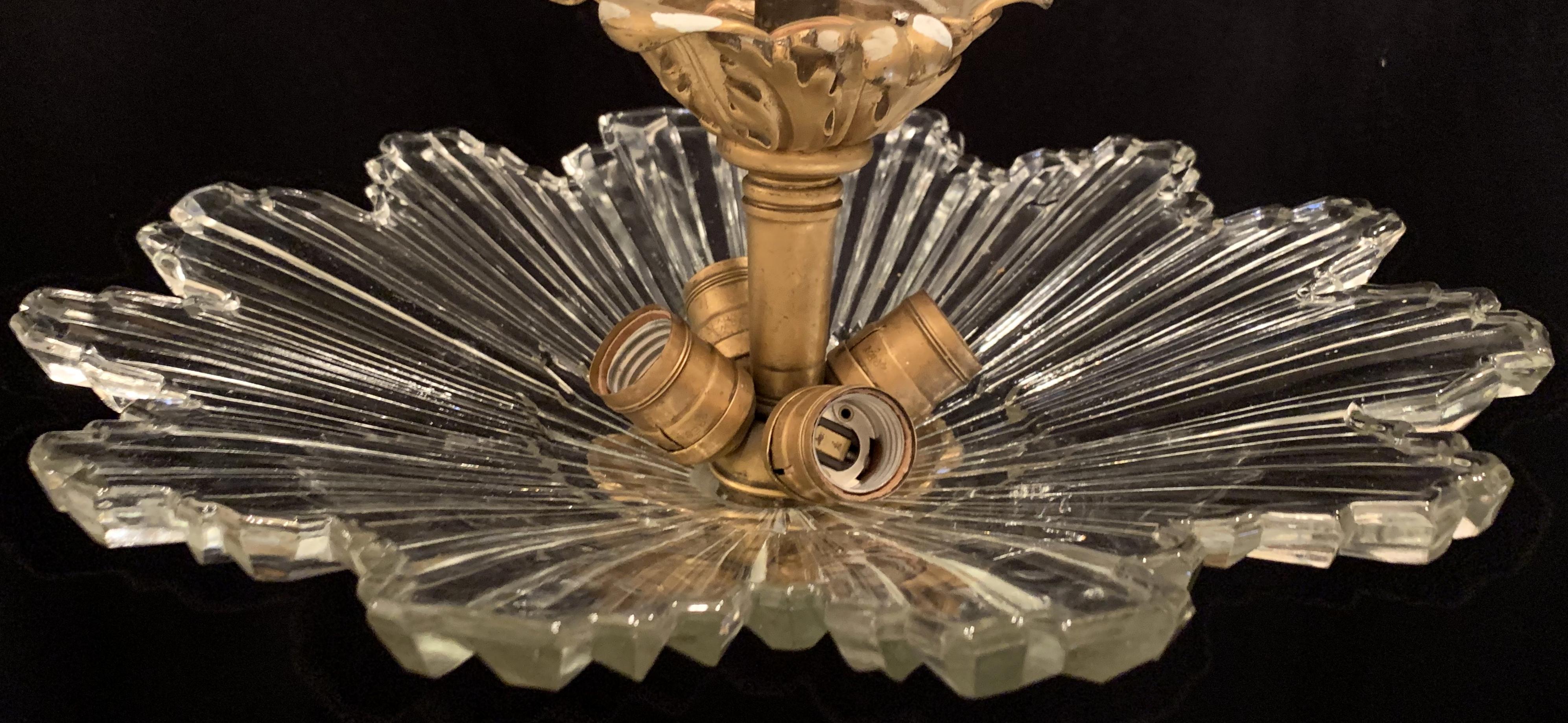 Mid-Century Modern Art Deco Crystal Starburst Shade Bronze Flush Mount Fixture In Good Condition In Roslyn, NY