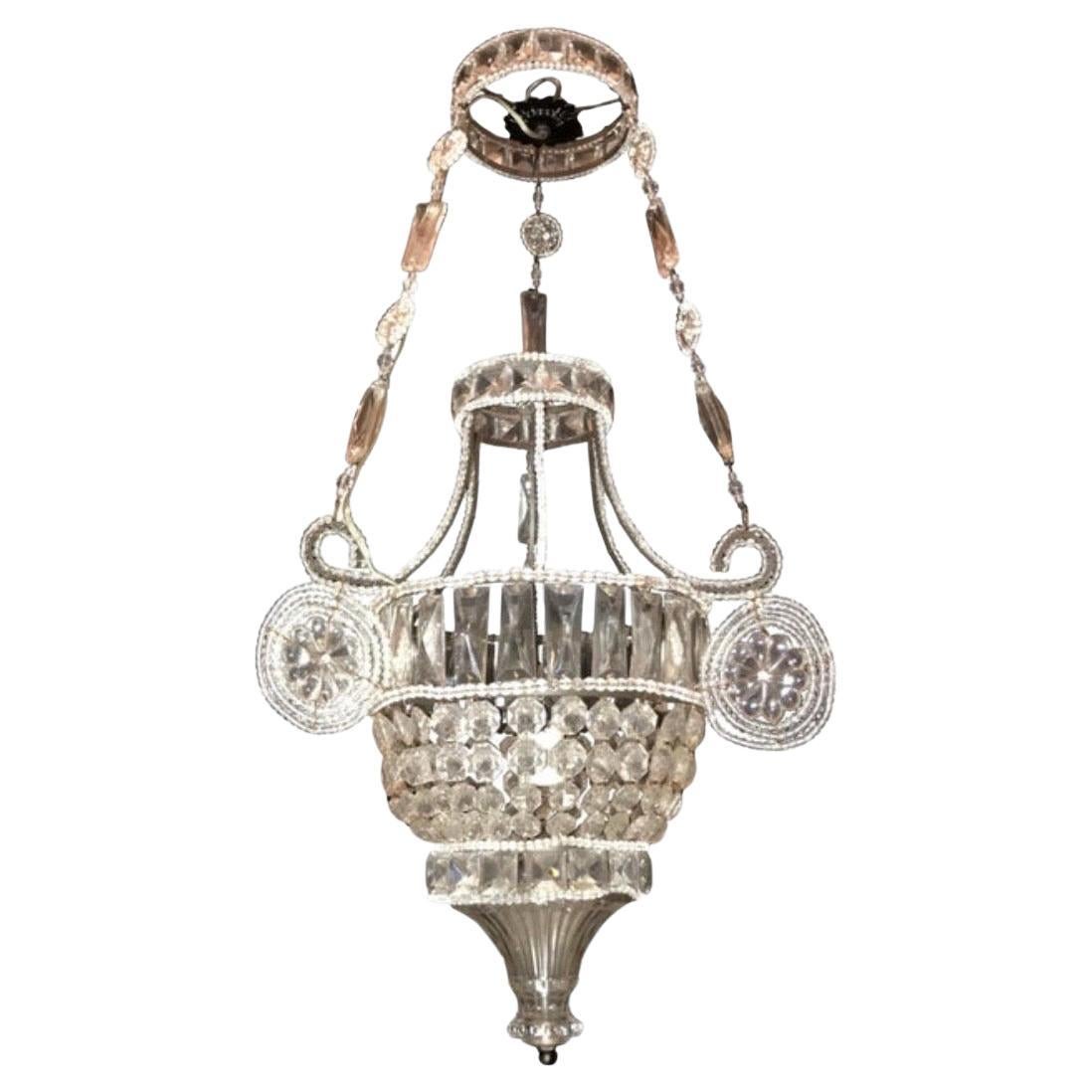 Wonderful Italian Beaded Crystal Basket Urn Pendent Chandelier Light Fixture For Sale