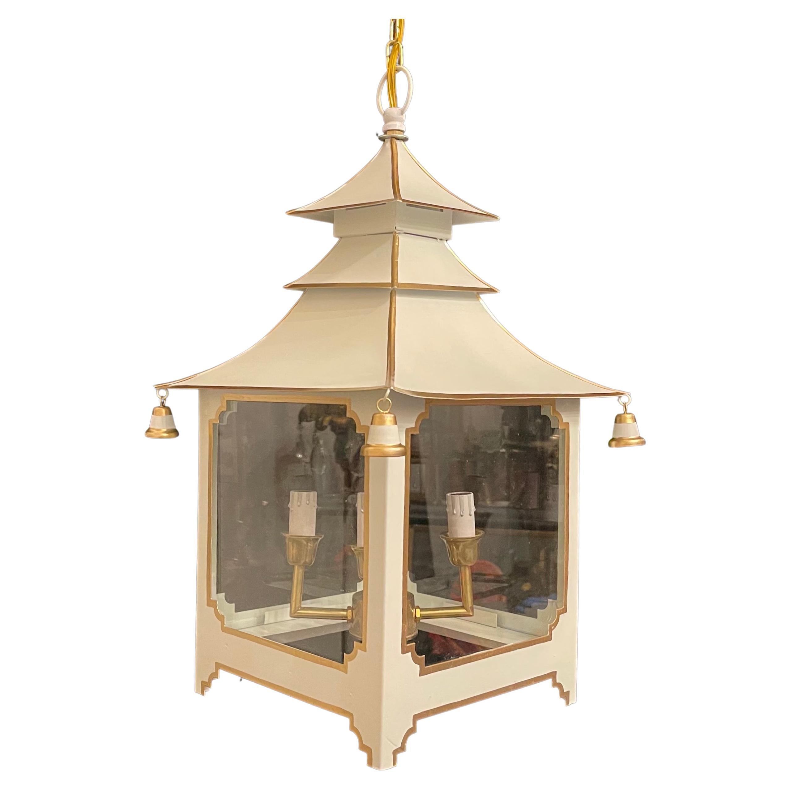 Wonderful Chinoiserie Pagoda White Enameled Gold Trim Glass Lantern Fixture