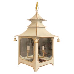 Wonderful Chinoiserie Pagoda White Enameled Gold Trim Glass Lantern Fixture