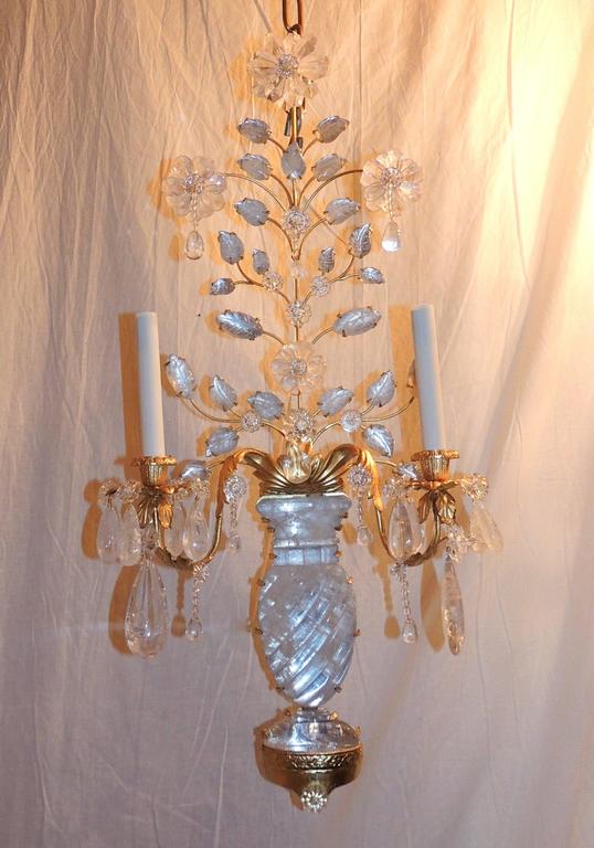 Modern Transitional Pair of Gilt Rock Crystal BaguèS Flowers Candelabra