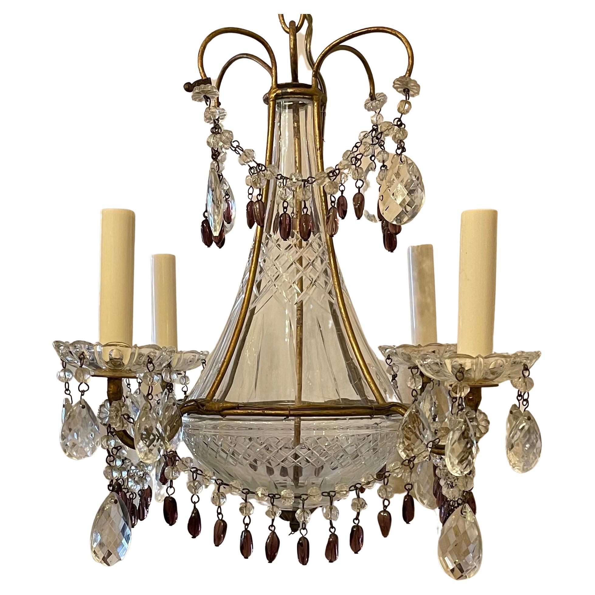 A Wonderful amethyst and clear faceted crystal drop fixture with a crystal center piece urn, this beautiful petite chandelier in a gold gilt frame has 4 candelabra lights and comes with chain canopy and mounting hardware for installation.
