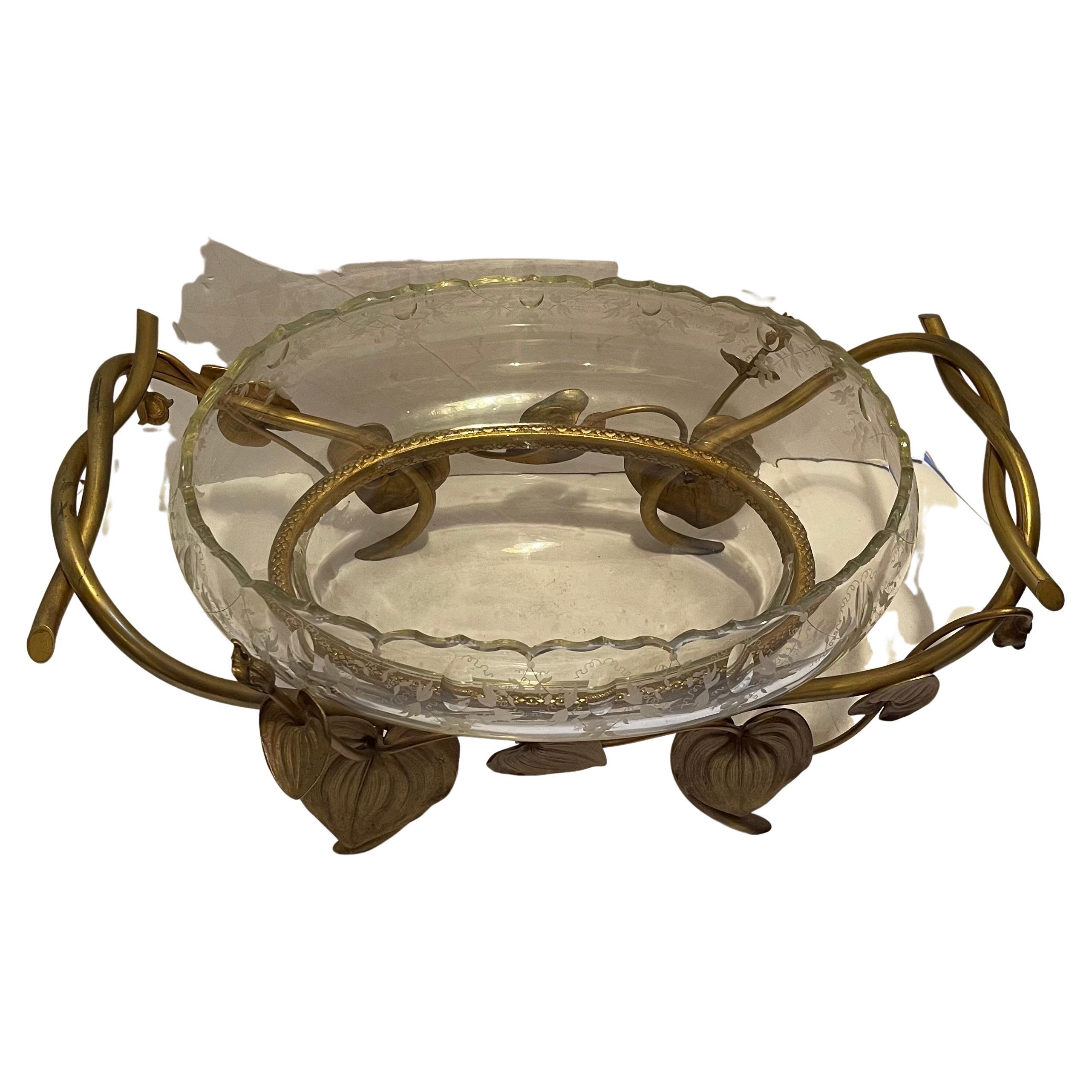A wonderful large French Art Nouveau Ormolu bronze oval centerpiece with etched and scalloped cut crystal insert.