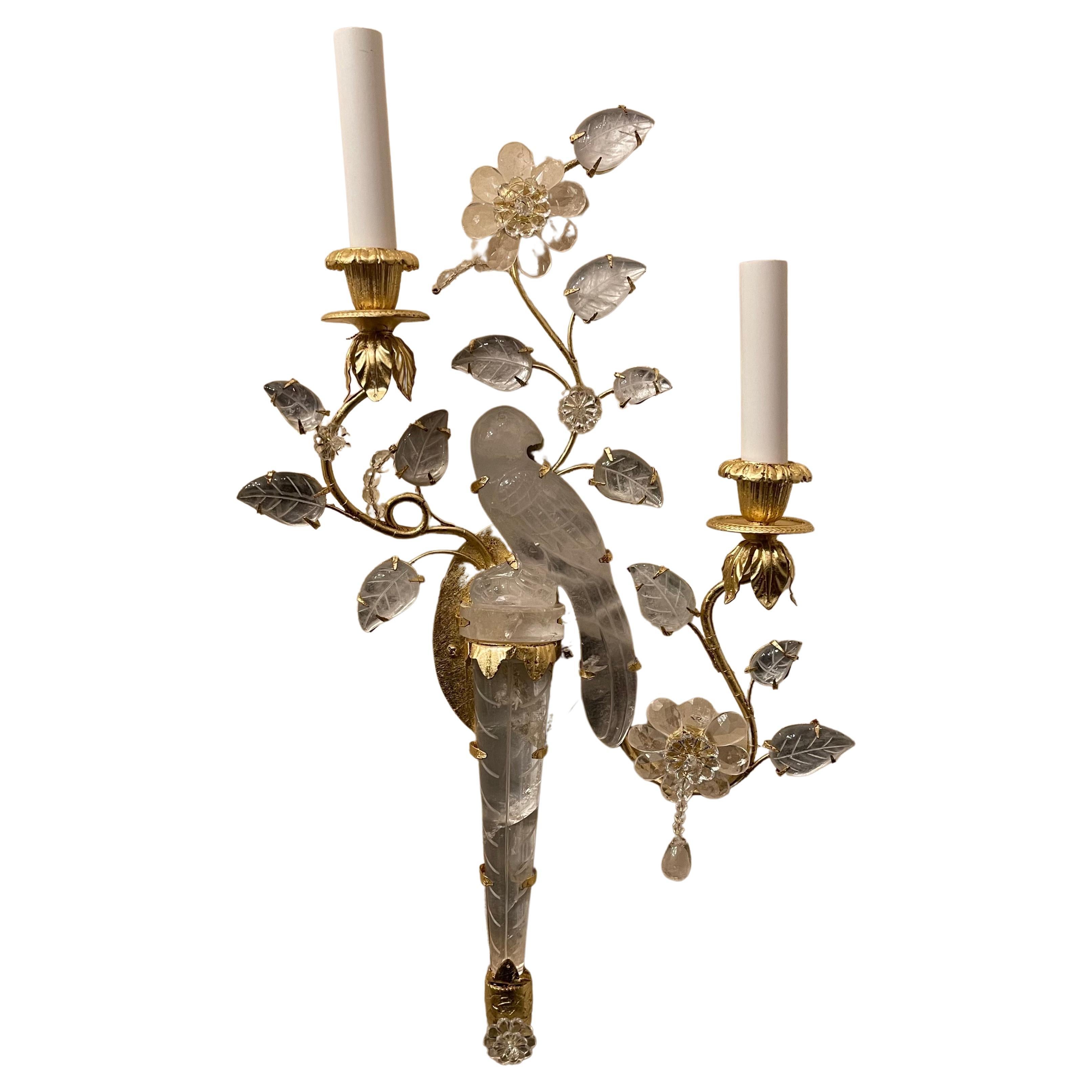 A wonderful pair of Baguès style two-arm gold gilt rock crystal bird urn, flower and leaf form petite sconces.
Each rewire with new candelabra sockets.

2 Pairs are available 
Each pair sold separately.