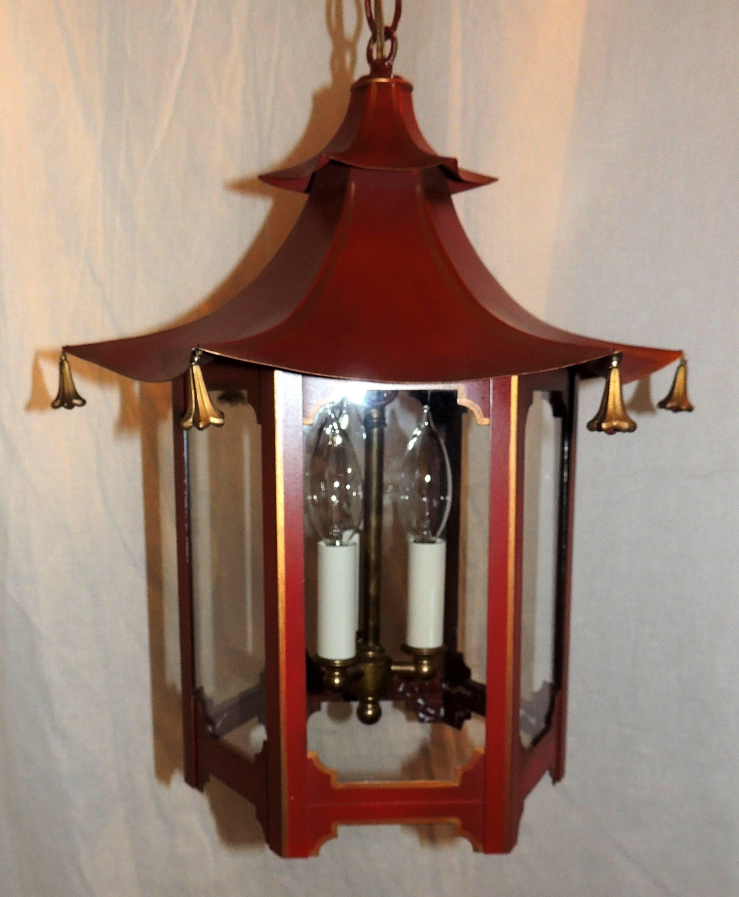 Wonderful Vintage Chinoiserie Style Red & Gold Gilt Trim 3 Light Pagoda Form Lantern Fixture Chandelier.