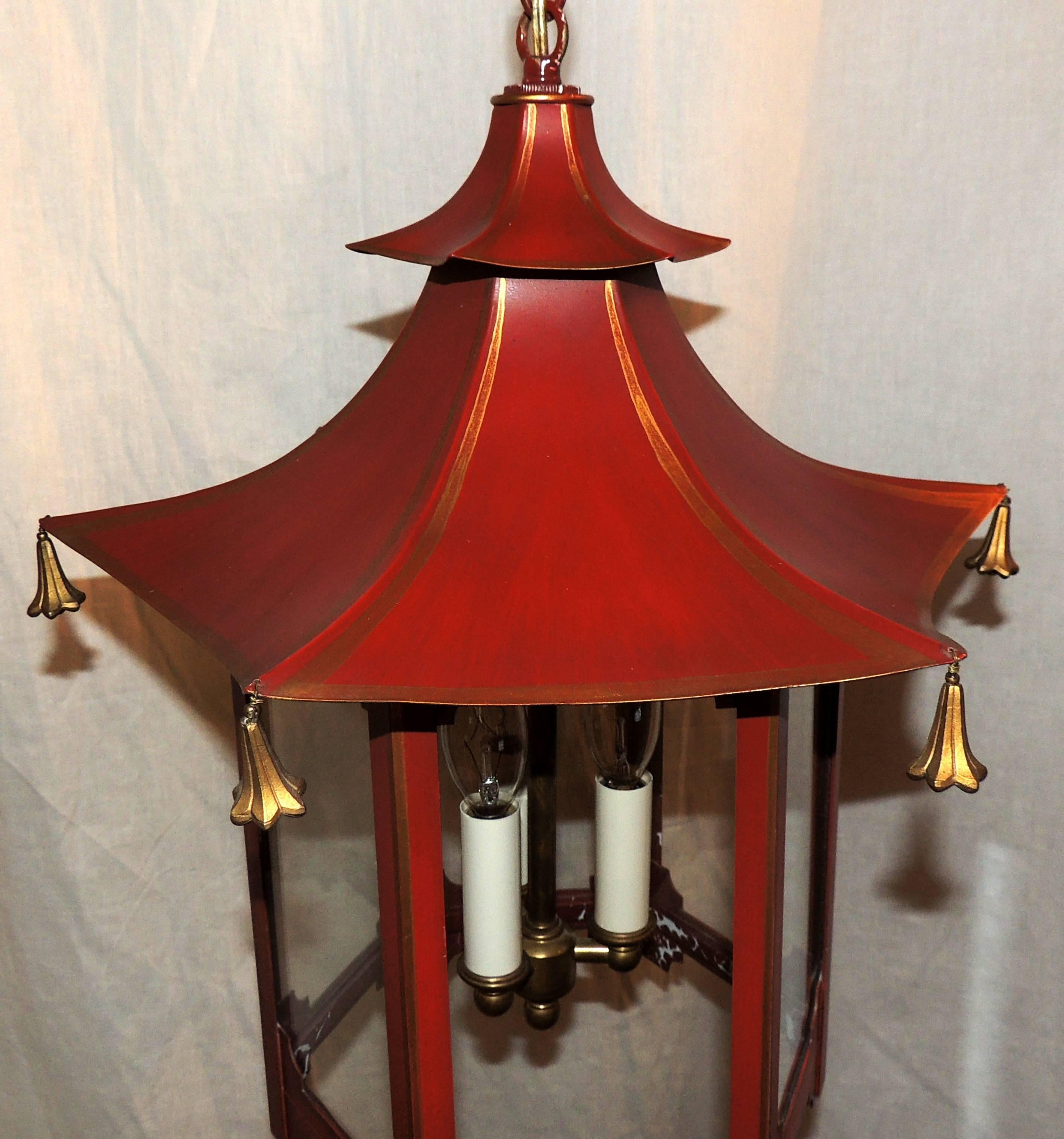 Italian Vintage Chinoiserie Red Gold Gilt Pagoda Lantern Fixture Chandelier