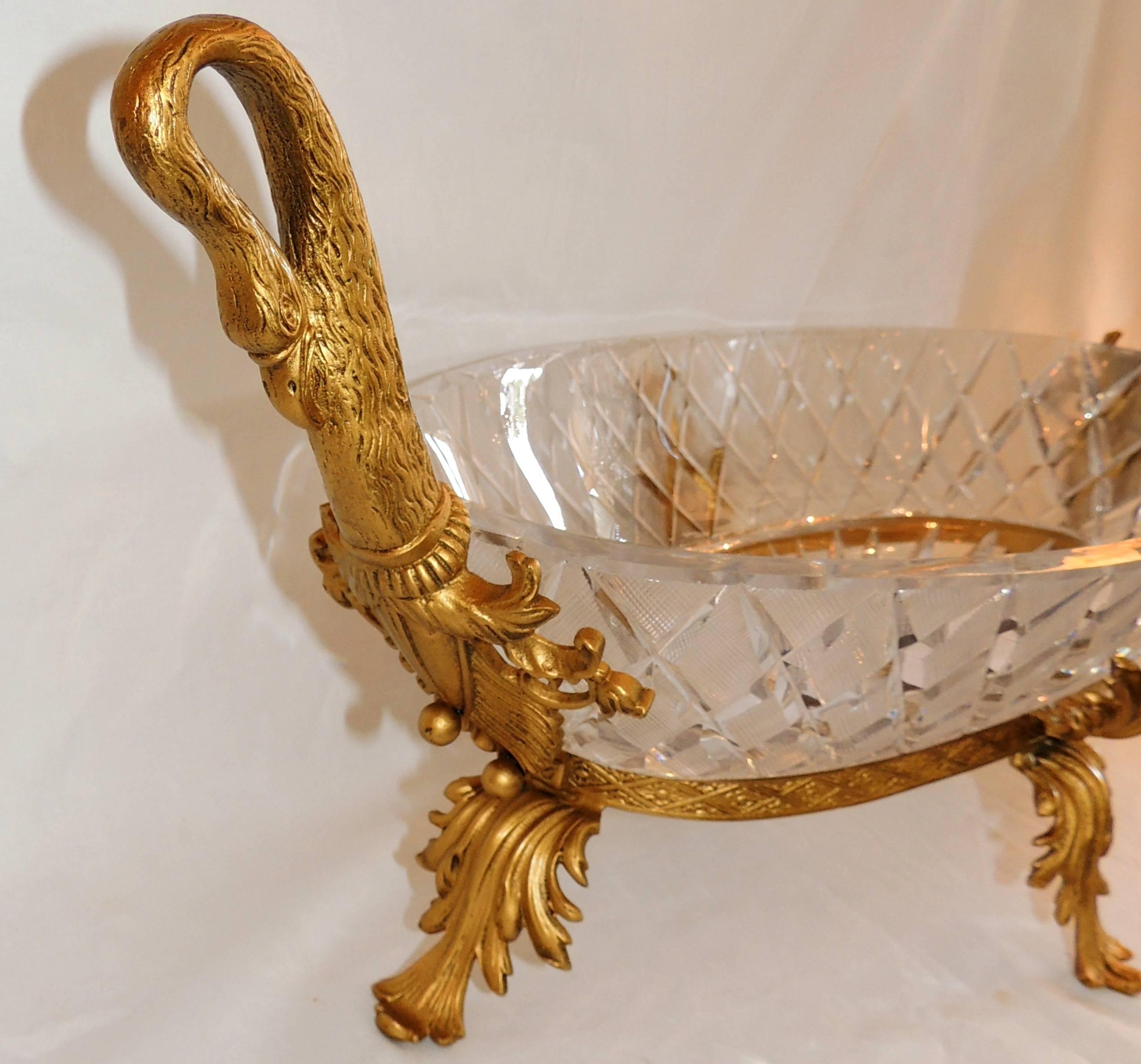 Faceted Wonderful French Doré Bronze and Cut Crystal Ormolu Swan Large Centerpiece Bowl