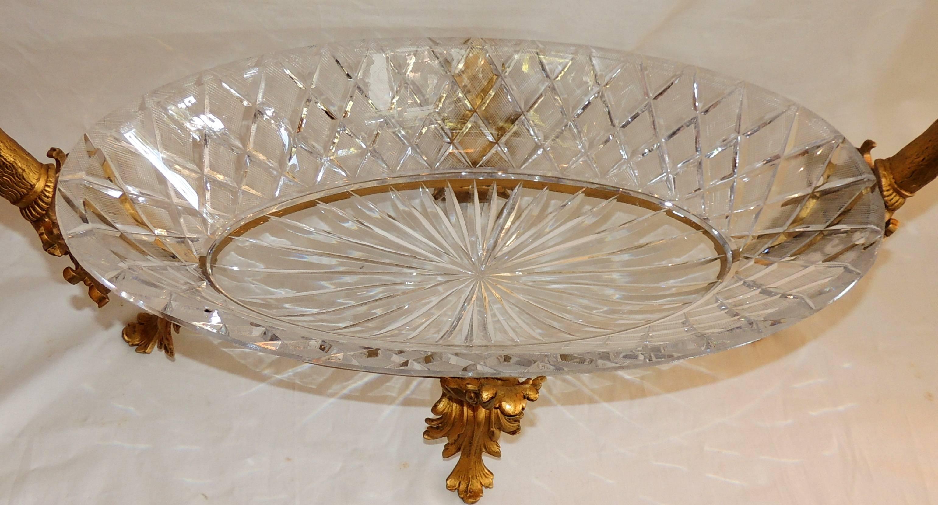Wonderful French Doré Bronze and Cut Crystal Ormolu Swan Large Centerpiece Bowl In Good Condition In Roslyn, NY