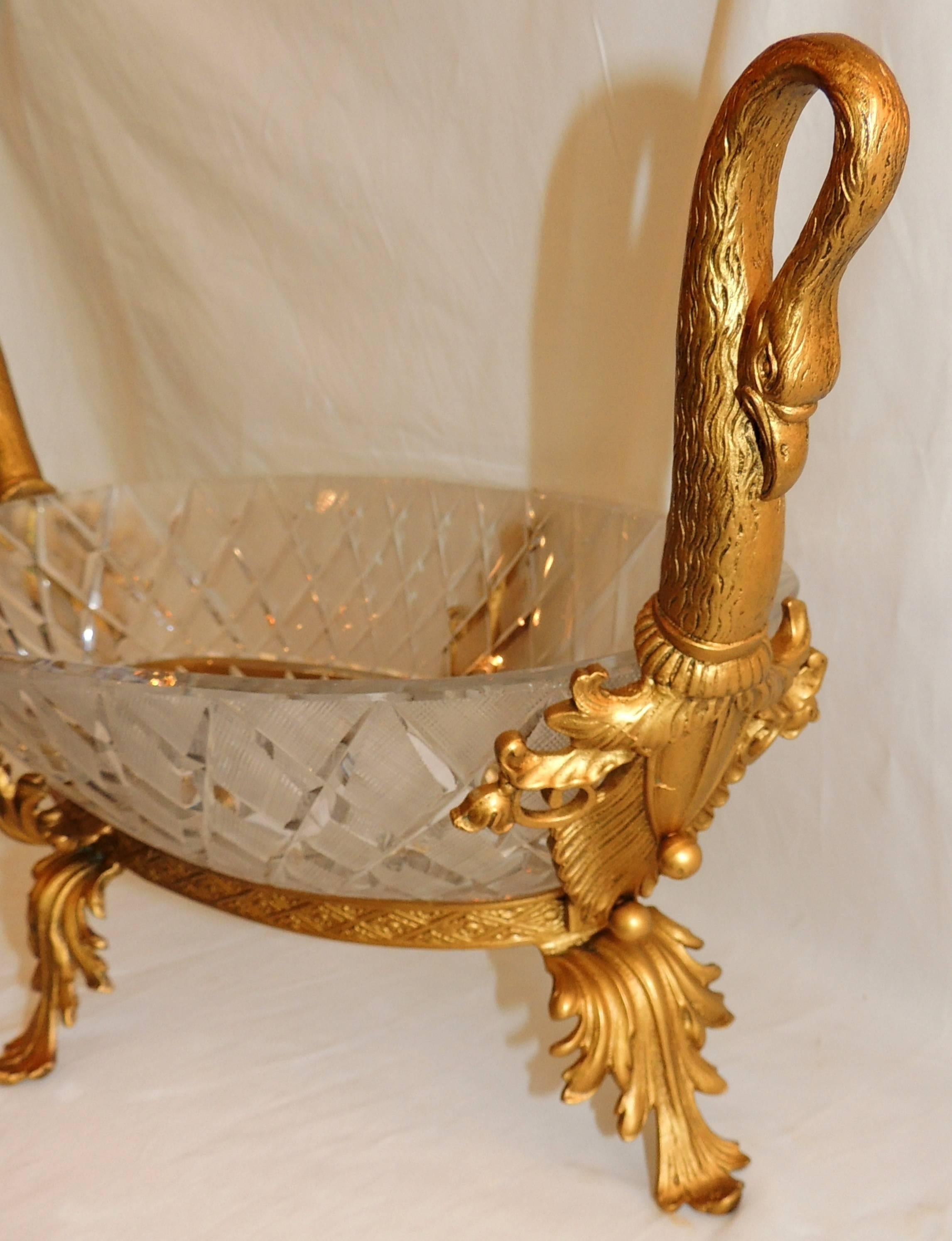 Early 20th Century Wonderful French Doré Bronze and Cut Crystal Ormolu Swan Large Centerpiece Bowl