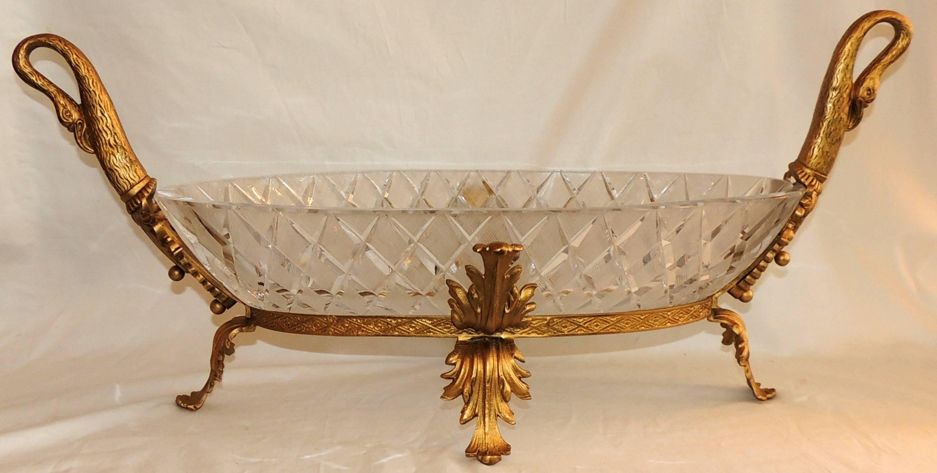 Wonderful French Doré Bronze and Cut Crystal Ormolu Swan Large Centerpiece Bowl 2