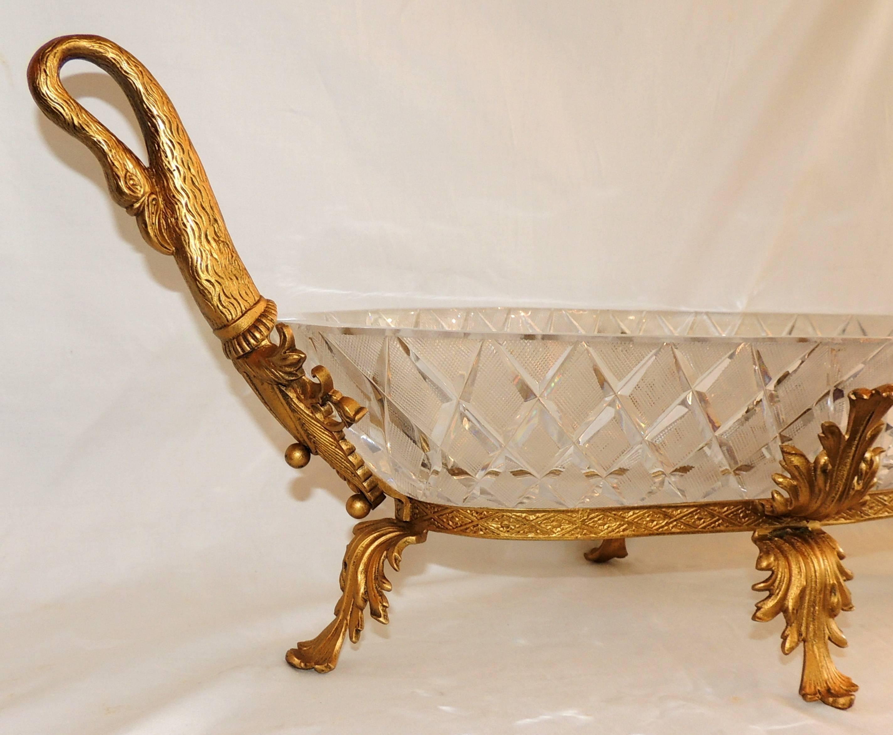 Wonderful French Doré Bronze and Cut Crystal Ormolu Swan Large Centerpiece Bowl 1