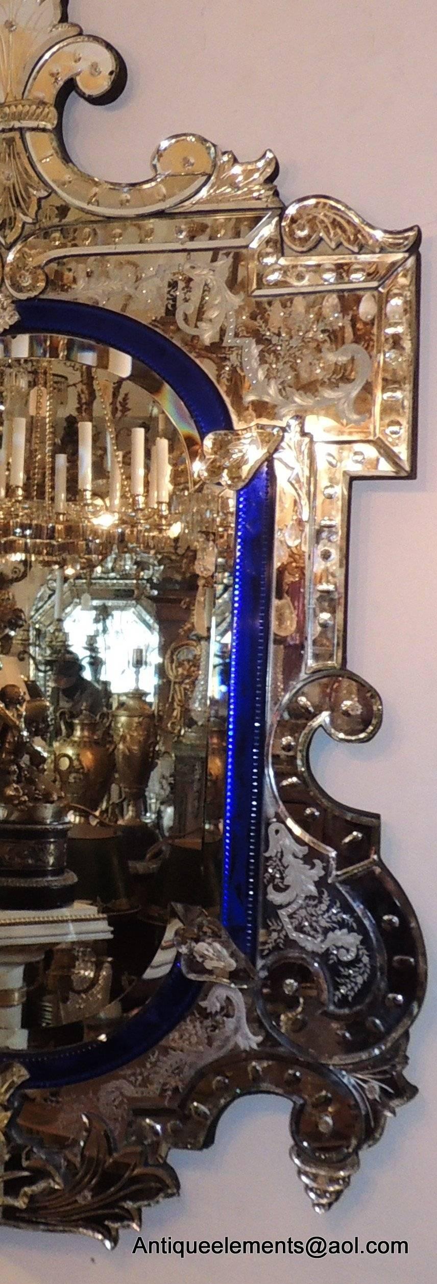 Belle Époque Wonderful Vintage Italian Blue Crystal and Beveled Glass Antique Venetian Mirror