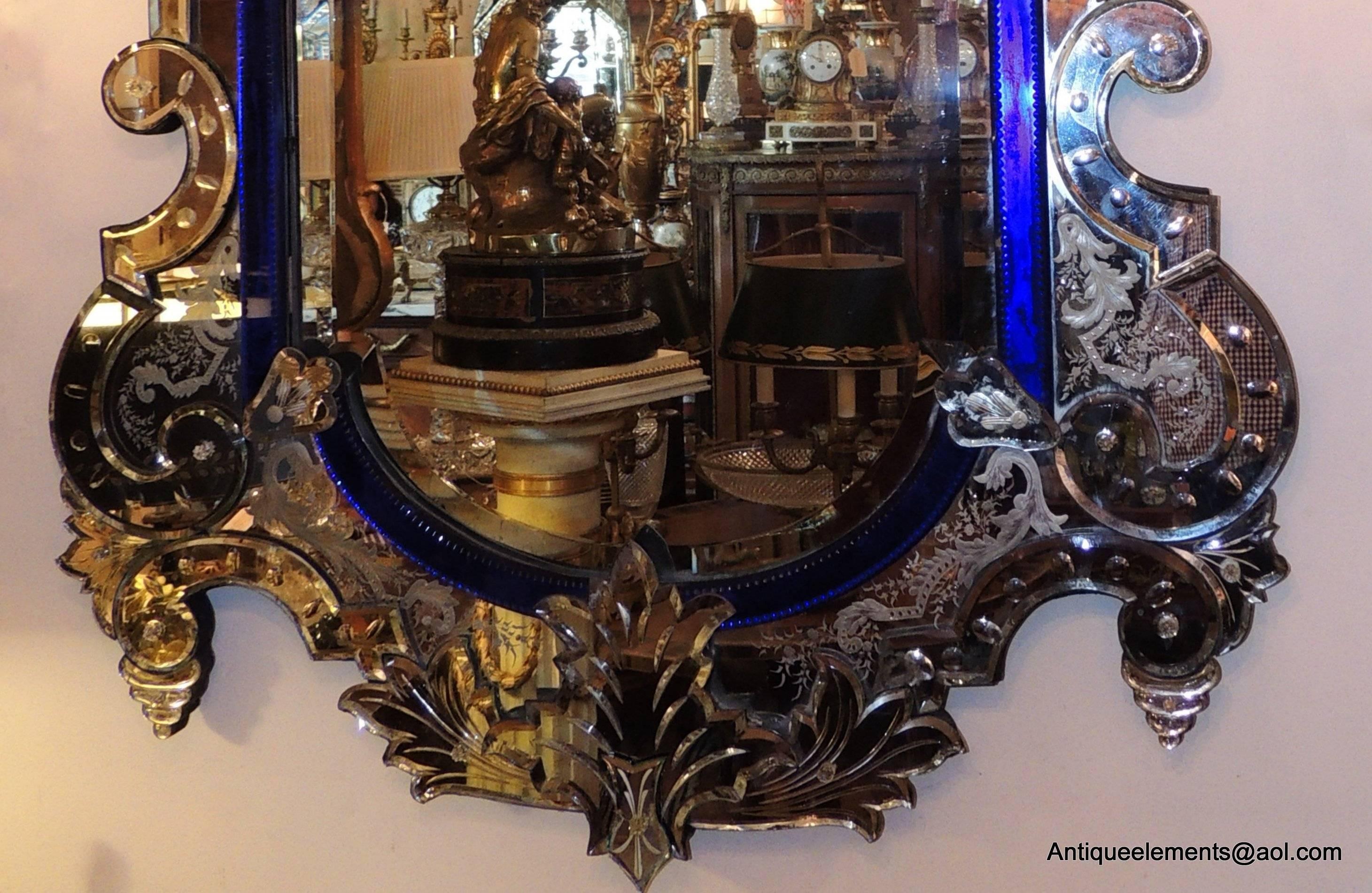 Wonderful Vintage Italian Blue Crystal and Beveled Glass Antique Venetian Mirror In Good Condition In Roslyn, NY
