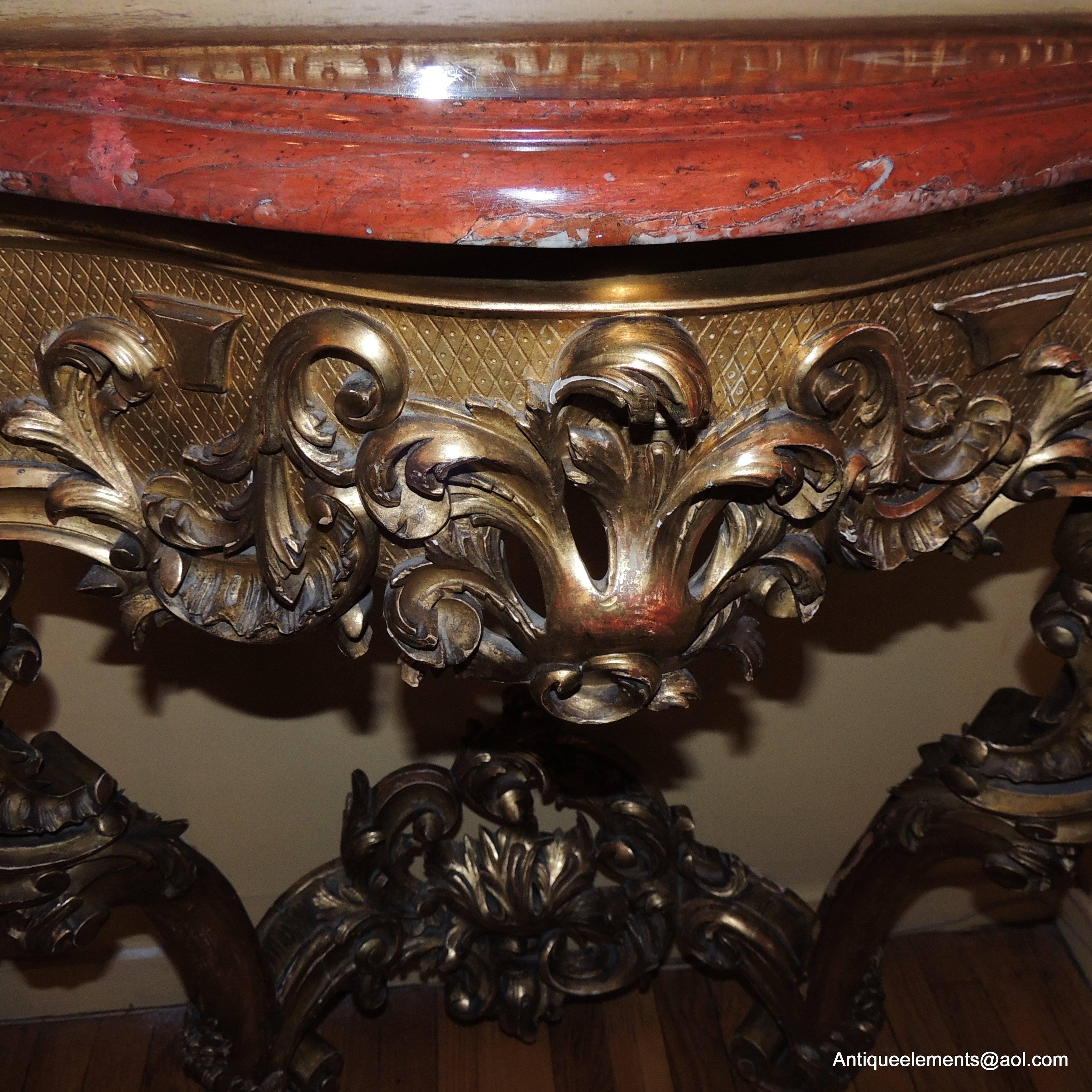 Elegant French 19th Century Carved Giltwood Console with Rouge Marble Top For Sale 2