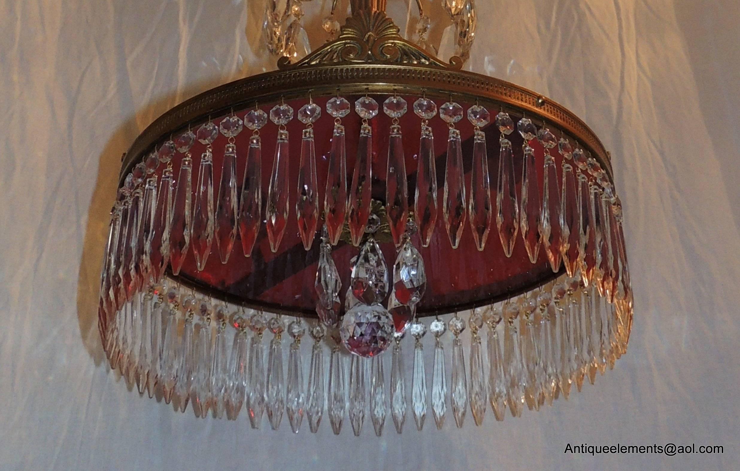 Gilt Baltic Neoclassical Doré Bronze and Crystal Red Glass Chandelier Fixture For Sale