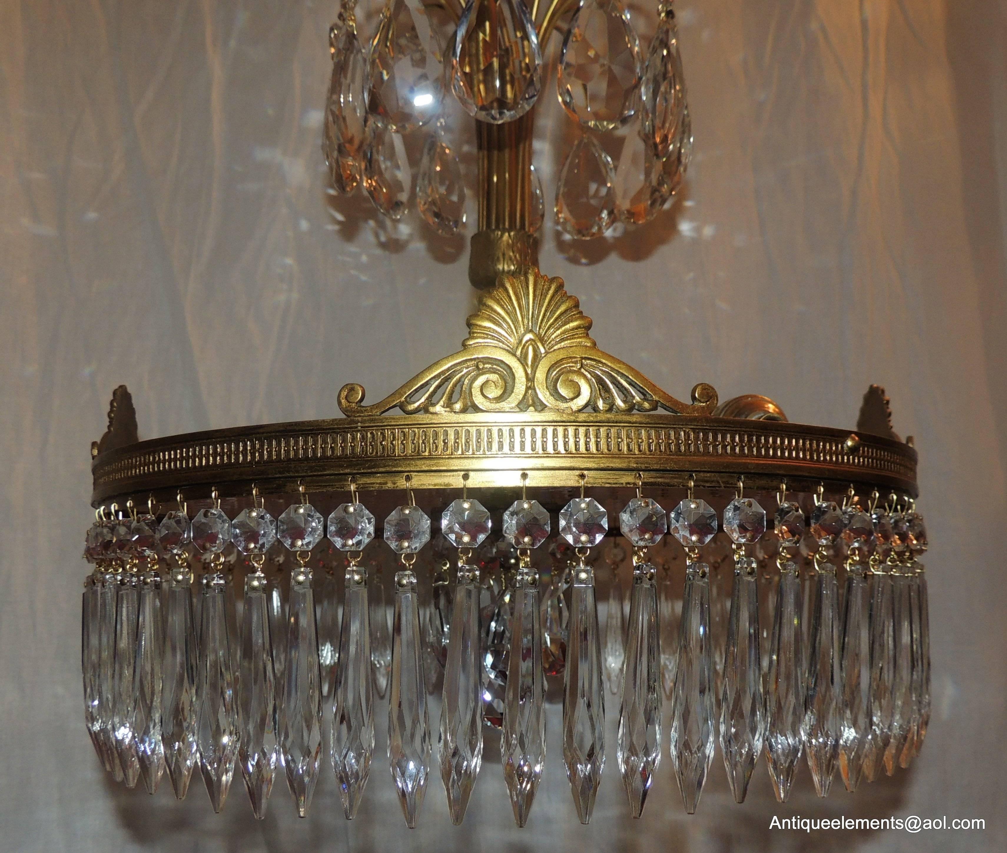 Baltic Neoclassical Doré Bronze and Crystal Red Glass Chandelier Fixture In Good Condition For Sale In Roslyn, NY
