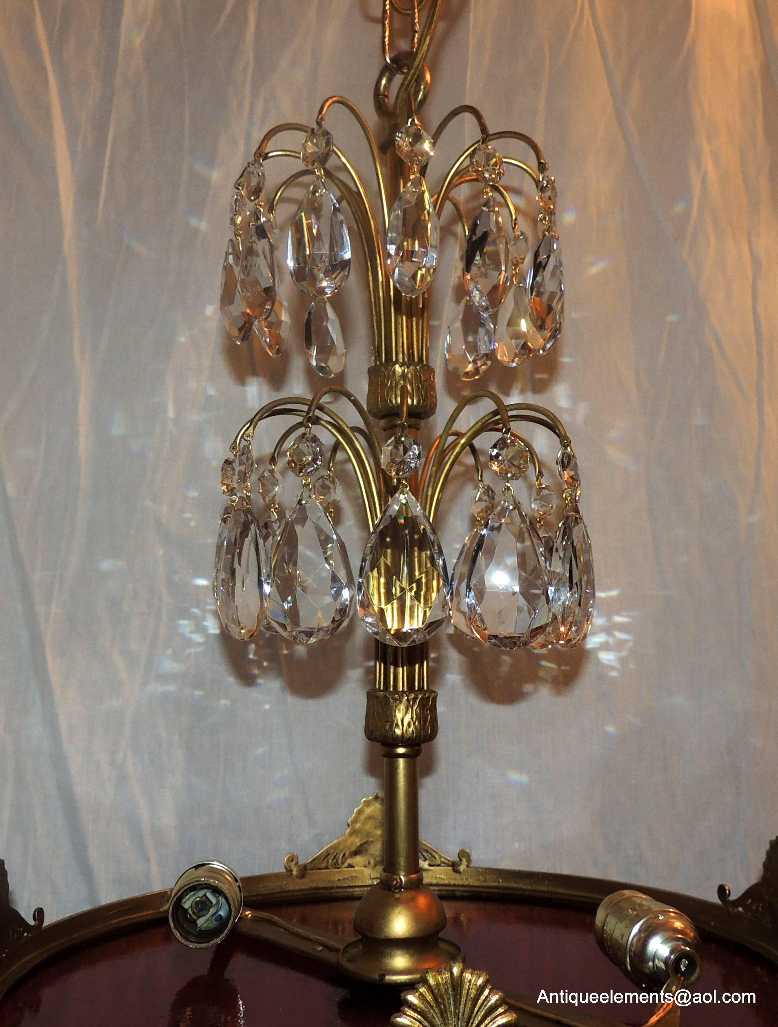 Early 20th Century Baltic Neoclassical Doré Bronze and Crystal Red Glass Chandelier Fixture For Sale