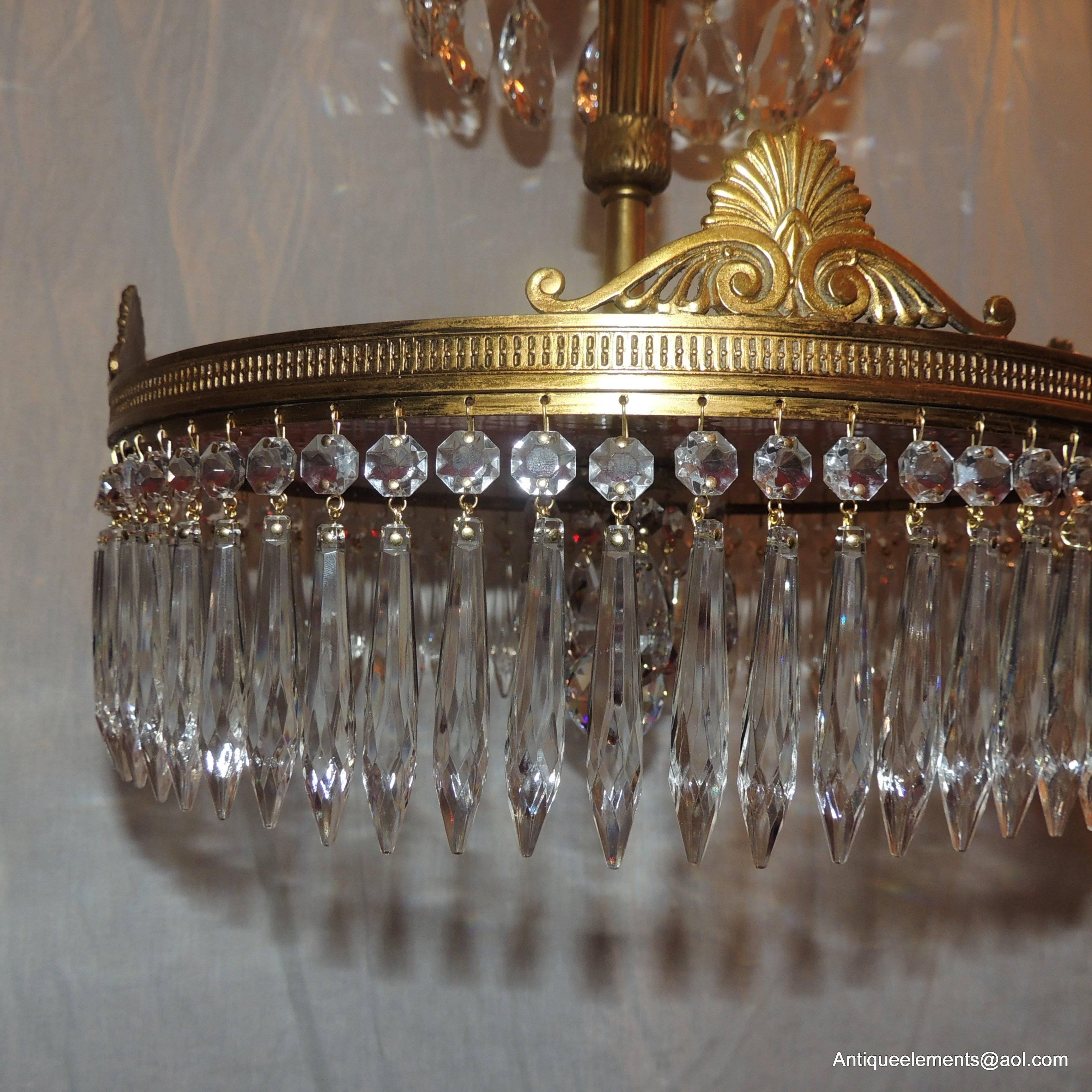Baltic Neoclassical Doré Bronze and Crystal Red Glass Chandelier Fixture For Sale 3