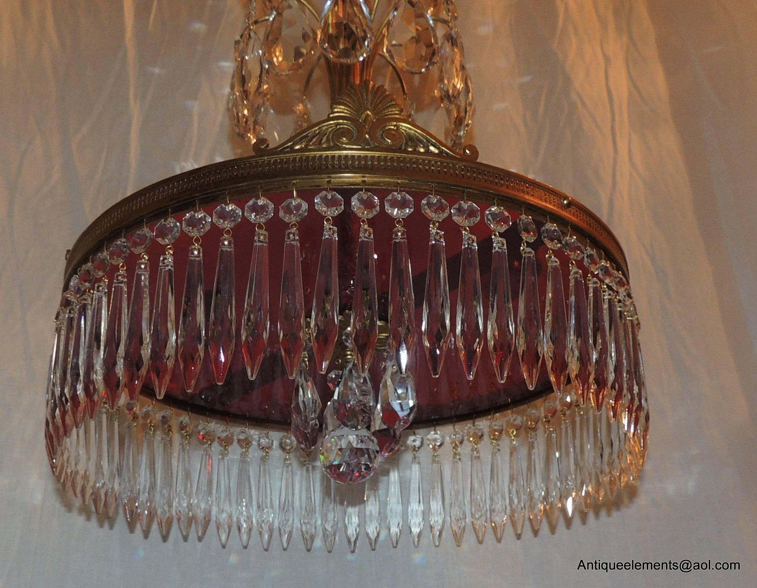 Baltic Neoclassical Doré Bronze and Crystal Red Glass Chandelier Fixture For Sale 4
