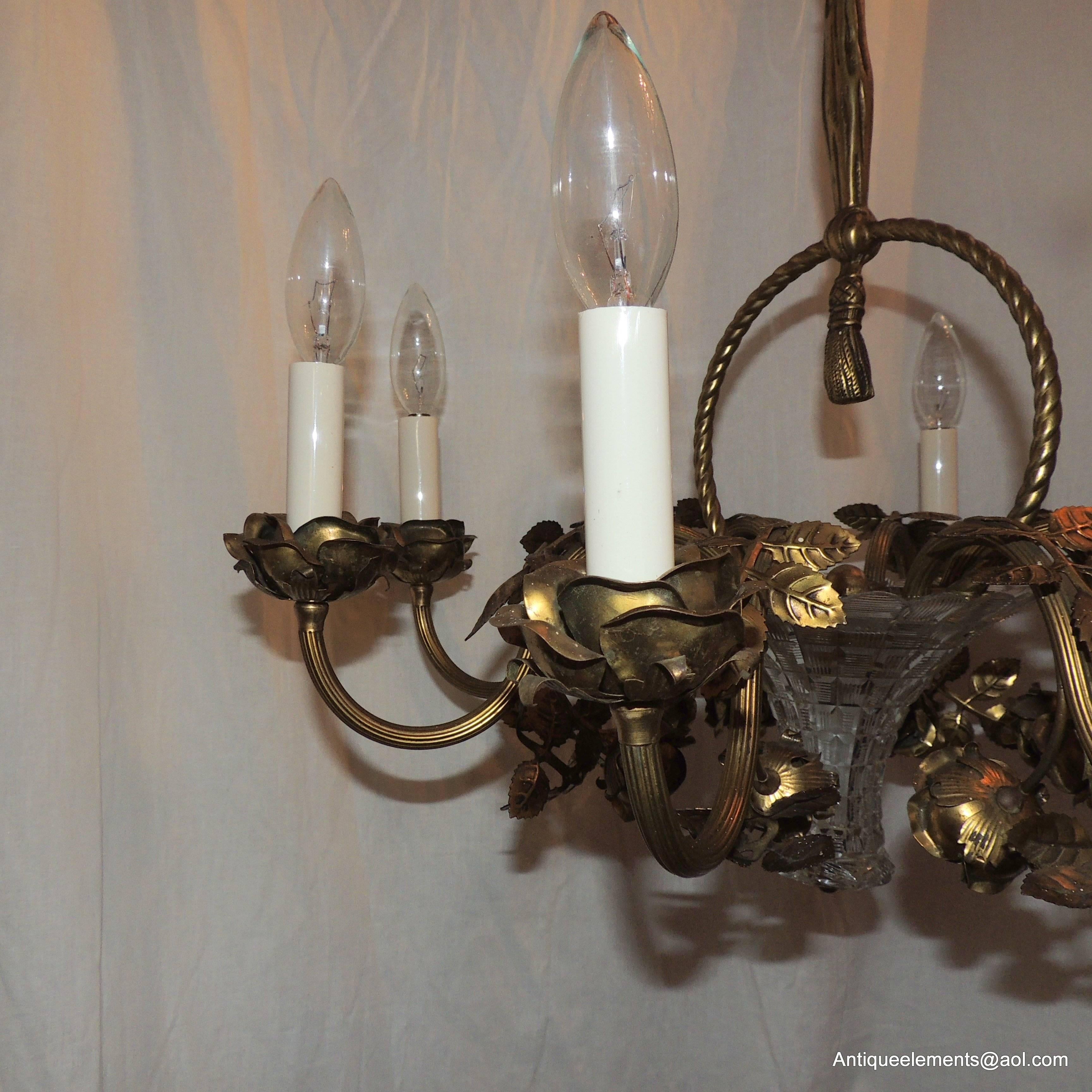 Wonderful French Nine-Light Gilt Bronze Roses Crystal Basket Chandelier Fixture In Good Condition In Roslyn, NY