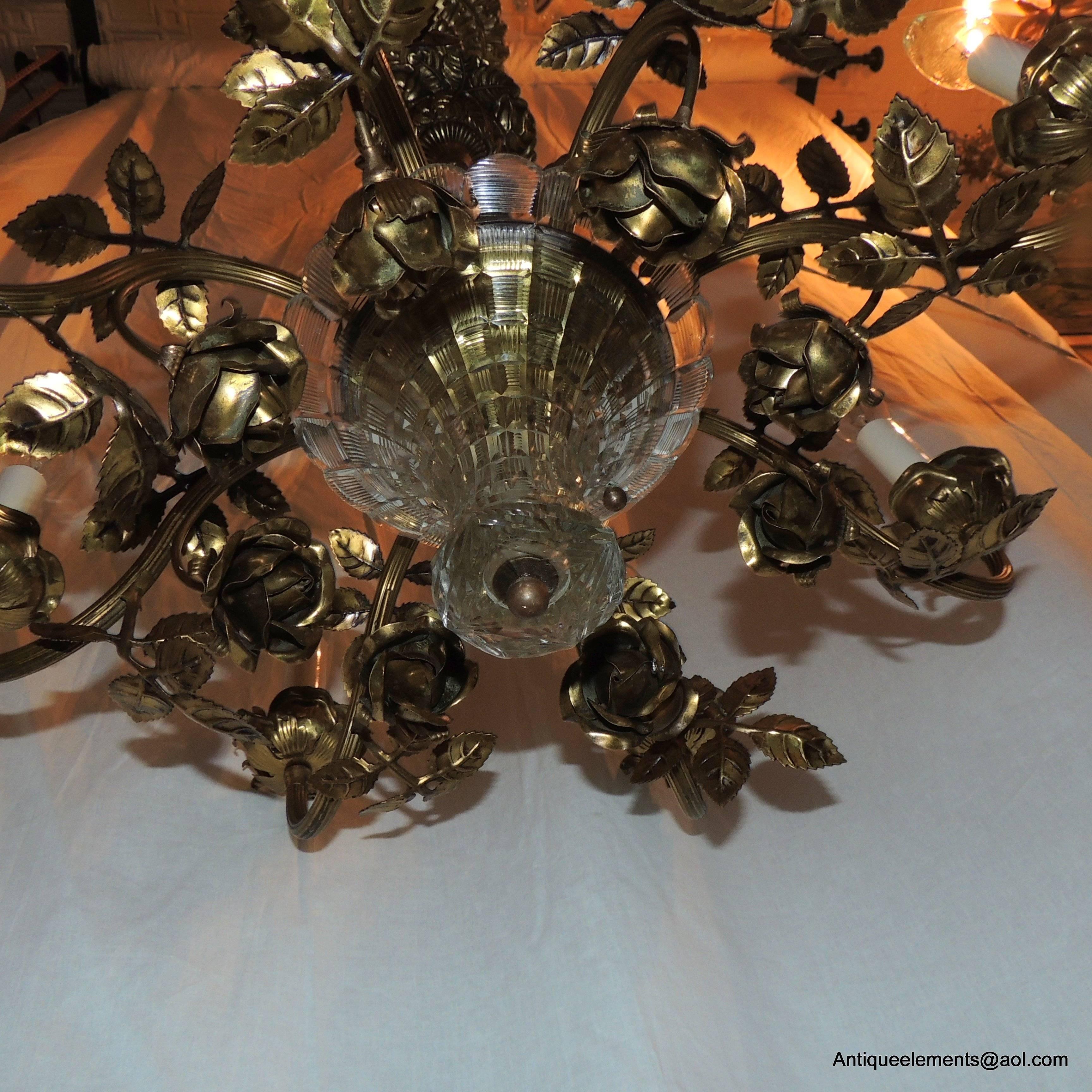 20th Century Wonderful French Nine-Light Gilt Bronze Roses Crystal Basket Chandelier Fixture