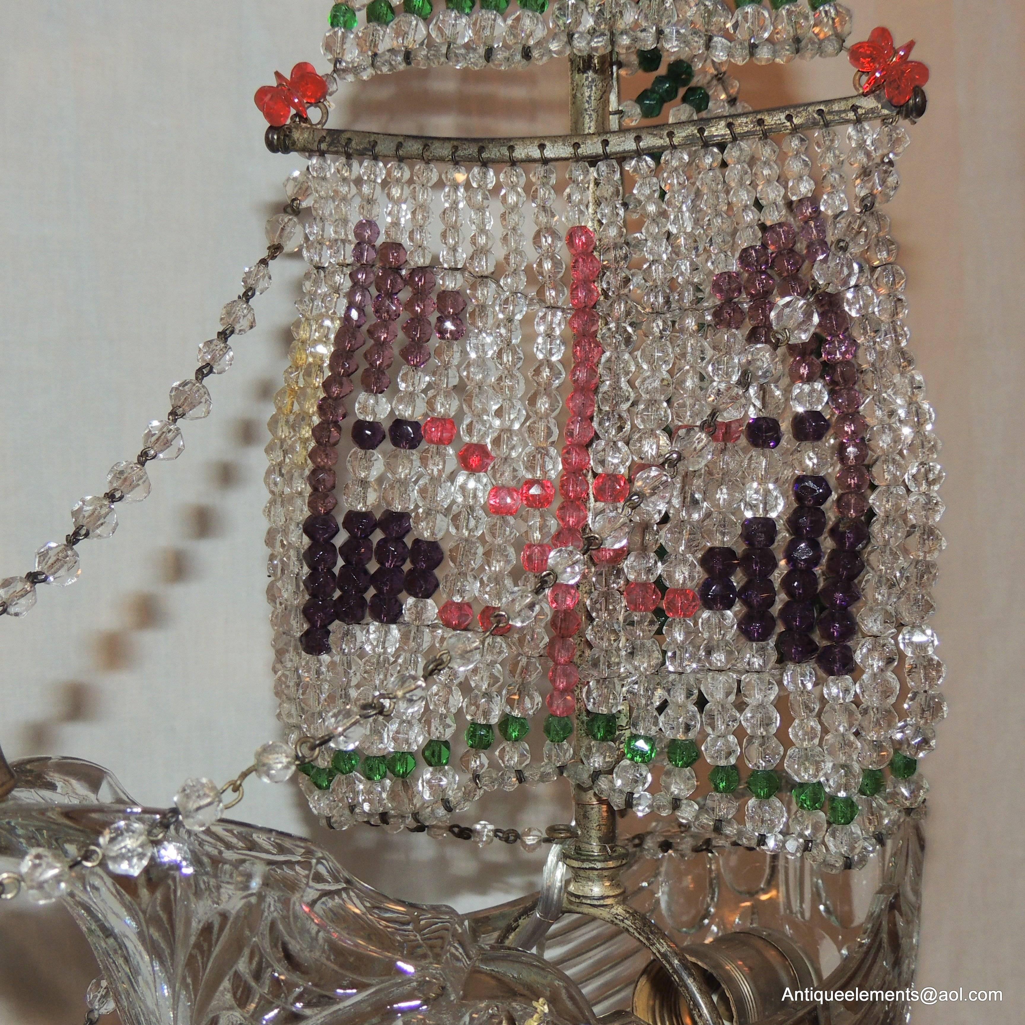 Enchanting Italian Cut Crystal Sailboat Colorful Crystal Bead Chandelier Fixture In Good Condition In Roslyn, NY