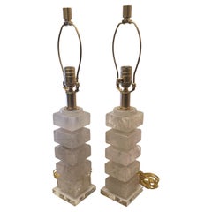 Beautiful Pair Mid Century Modern Transitional Block Rock Crystal Column Lamps