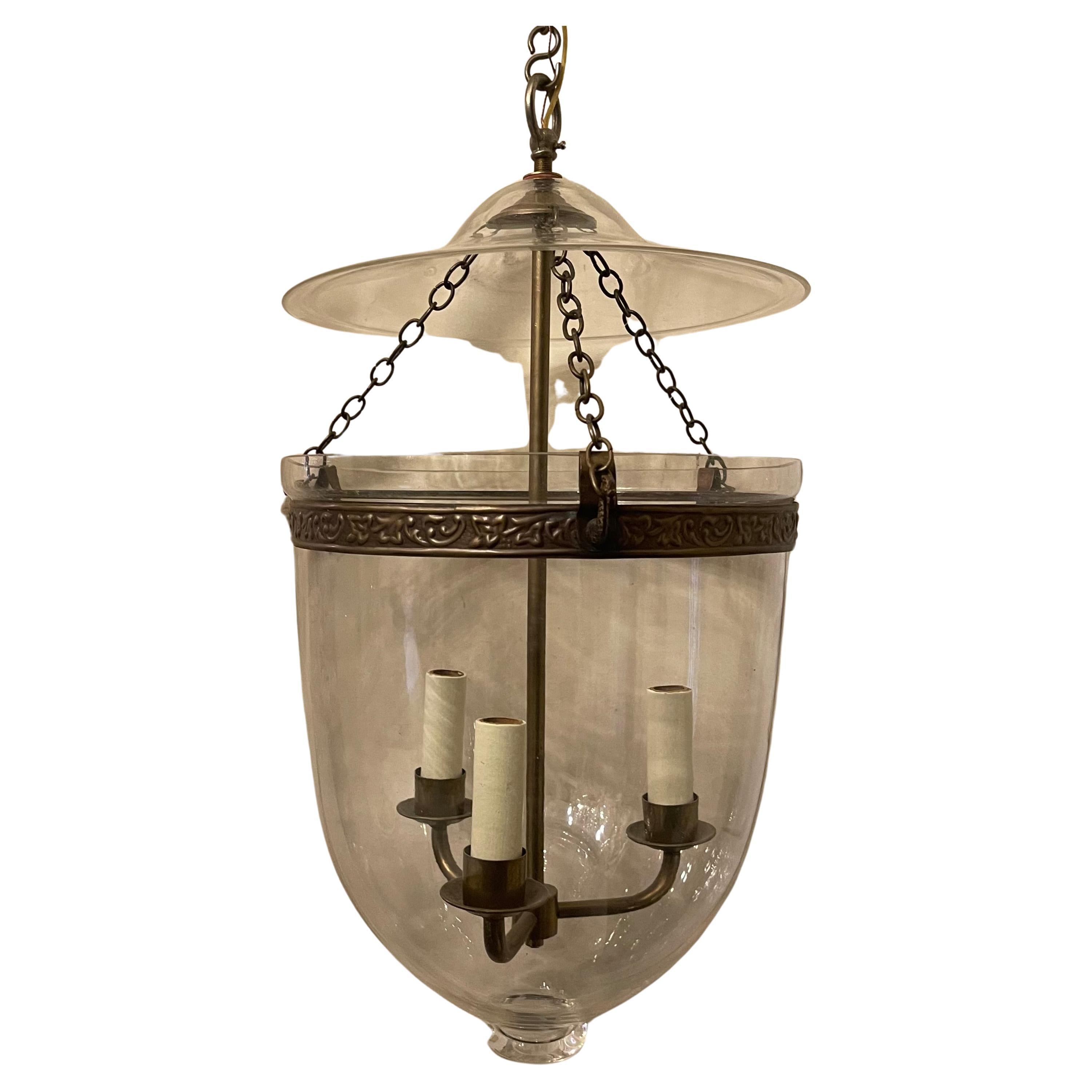 Fine Regency Vaughan Designs English Bronze Bell Jar Blown Glass Lantern Fixture For Sale