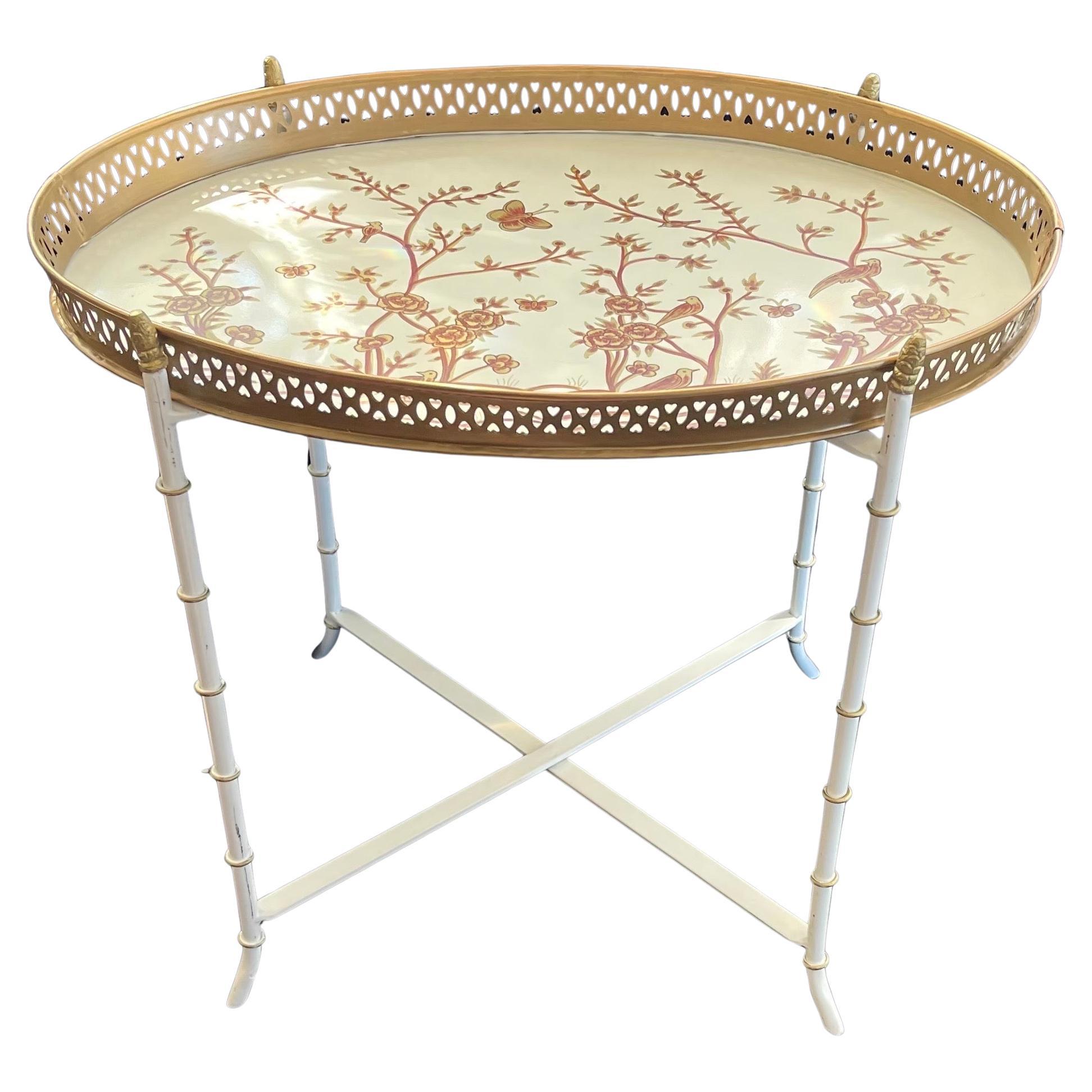 Wonderful Bamboo Oval Handpainted Tole Coffee Cocktail Side Tray Table For Sale