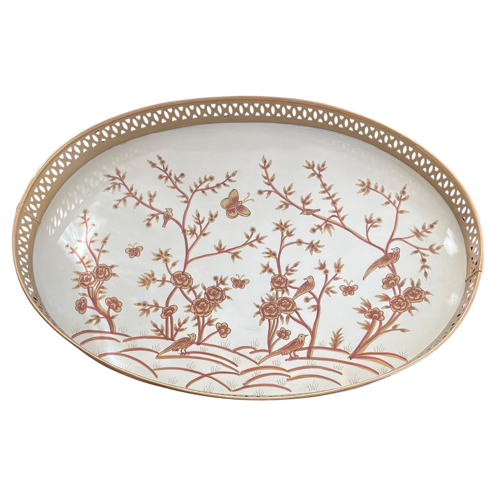 A Wonderful Bamboo Form Base Oval Handpainted Tole White With Gold Coffee / Cocktail / End / Removable Tray Table

