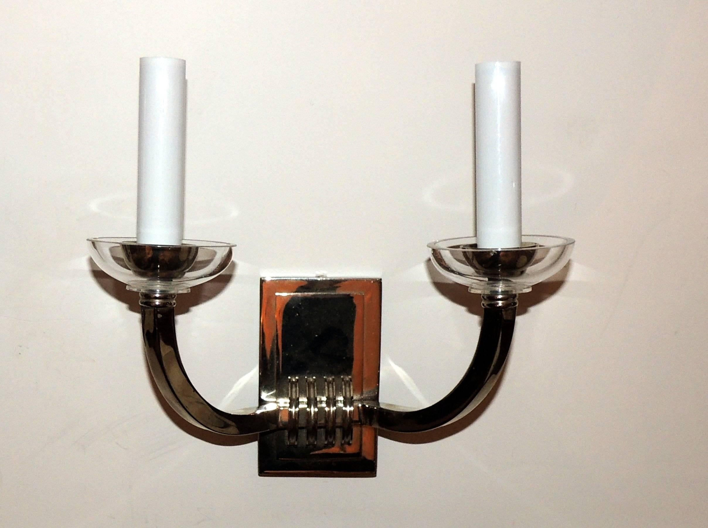 Unknown Modern Transitional Elegant Pair of Deco Style Two-Arm Chrome Nickel Sconces For Sale