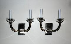 Modern Transitional Elegant Pair Vaughan Deco Two-Arm Chrome Nickel Sconces