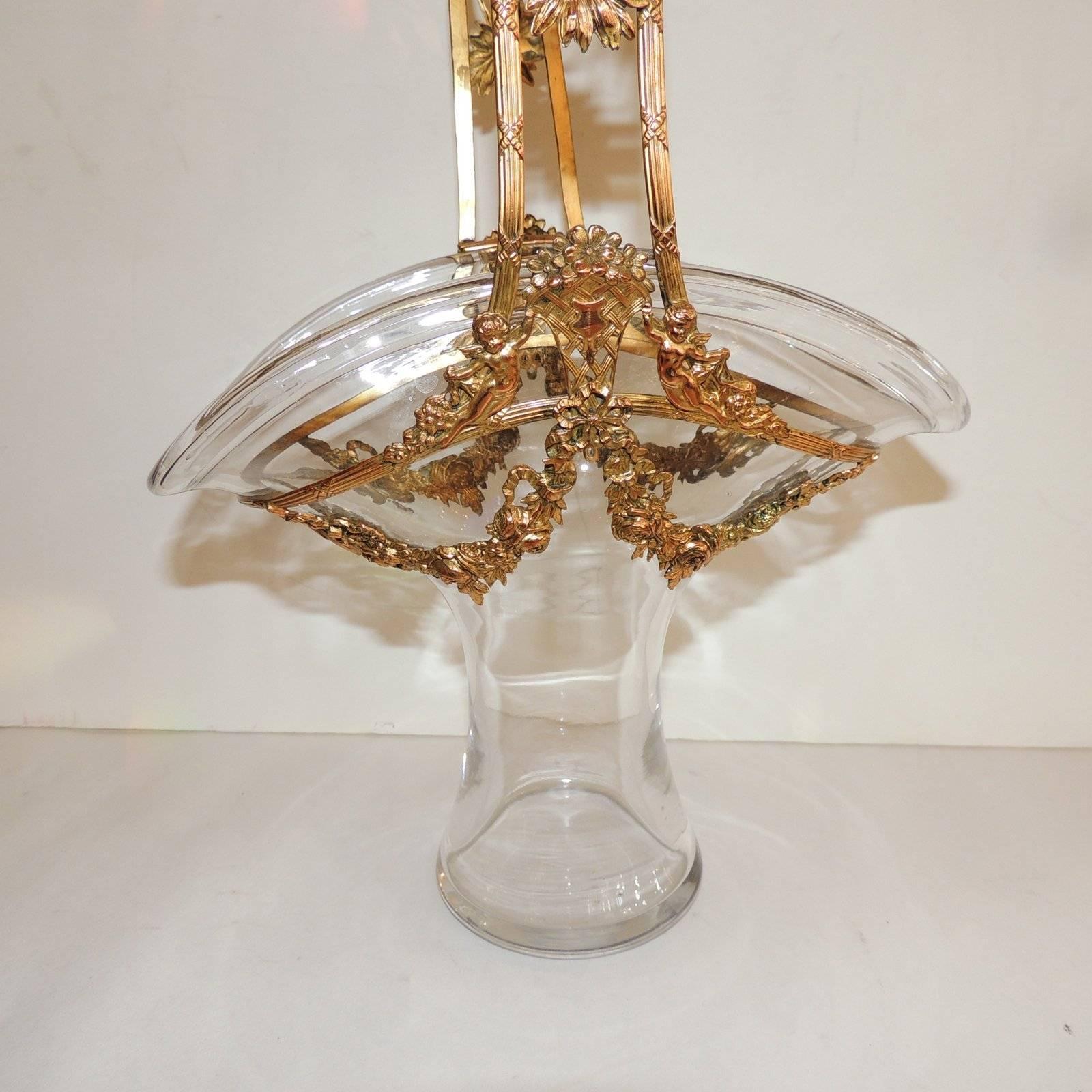 Belle Époque Wonderful French Ormolu Floral and Putti Gilt Bronze Basket with Crystal Insert  For Sale