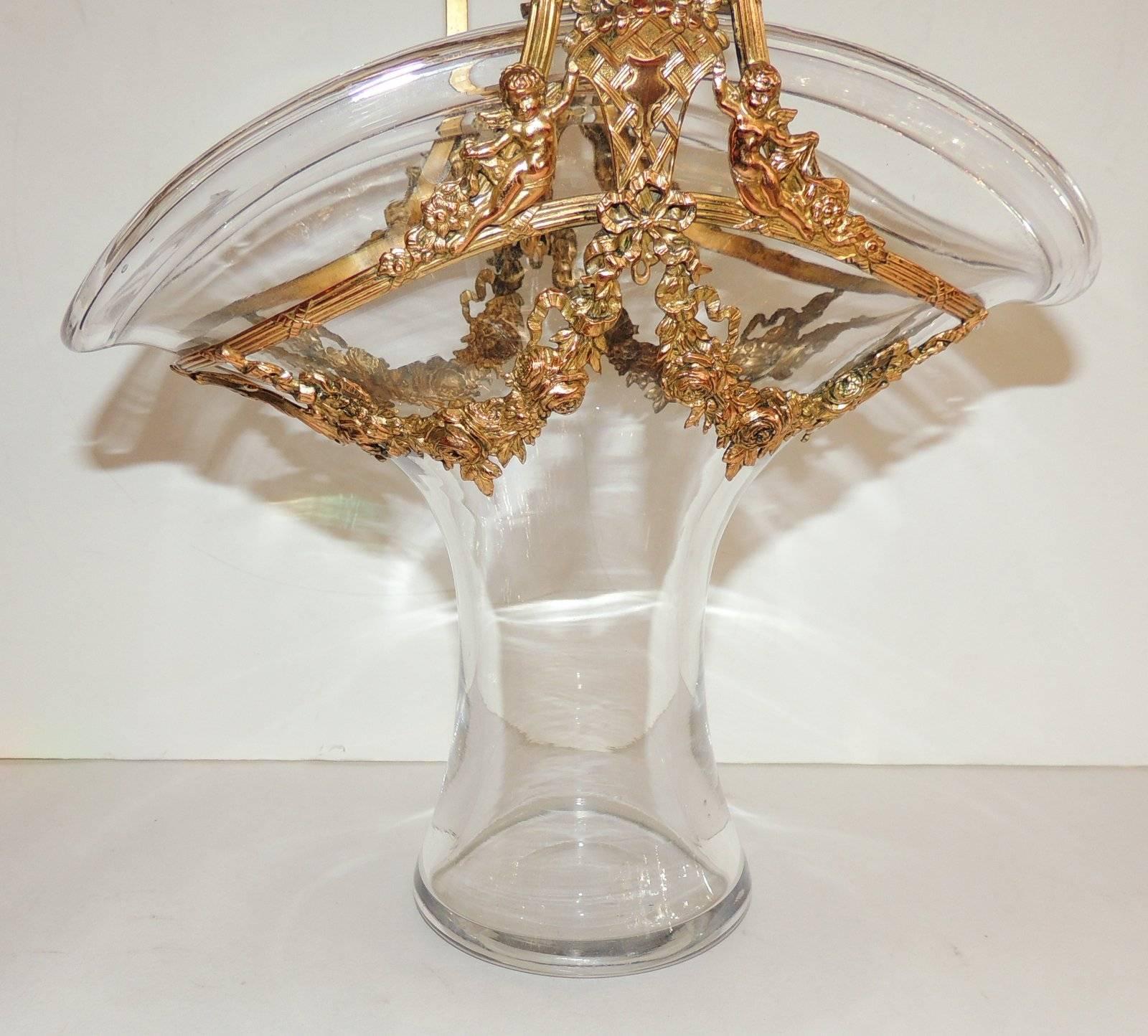 Wonderful French Ormolu Floral and Putti Gilt Bronze Basket with Crystal Insert  In Good Condition For Sale In Roslyn, NY
