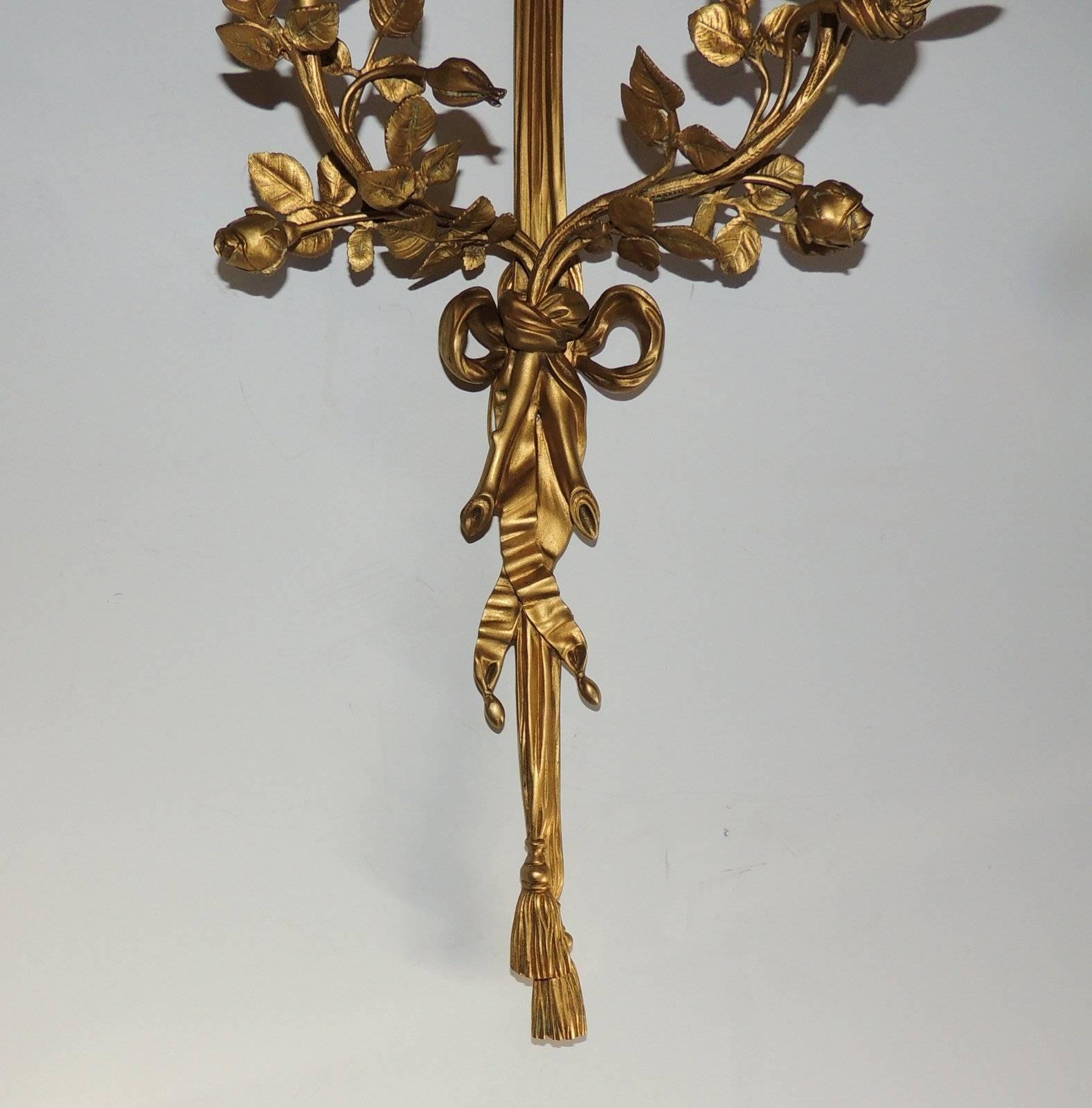 Early 20th Century Pair  French Doré Bronze Ribbon and Tassel Two-Arm Floral Sconces