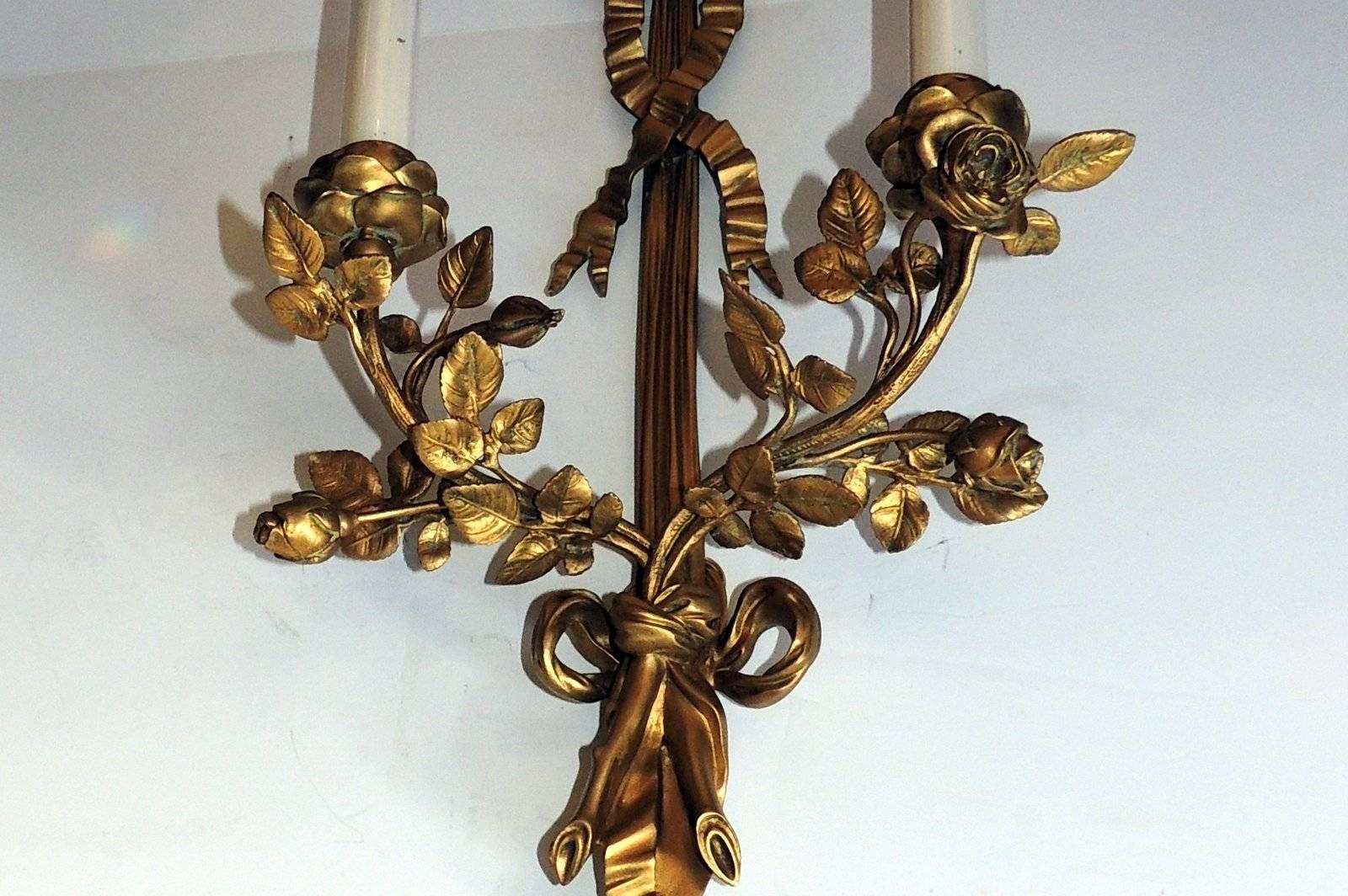 Pair  French Doré Bronze Ribbon and Tassel Two-Arm Floral Sconces In Good Condition In Roslyn, NY