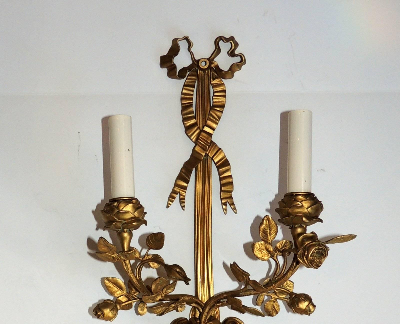 Gilt Pair  French Doré Bronze Ribbon and Tassel Two-Arm Floral Sconces
