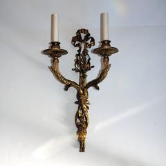 Elegant Louis XVI Pair Caldwell French Dore Bronze Ribbon Floral Large Sconces