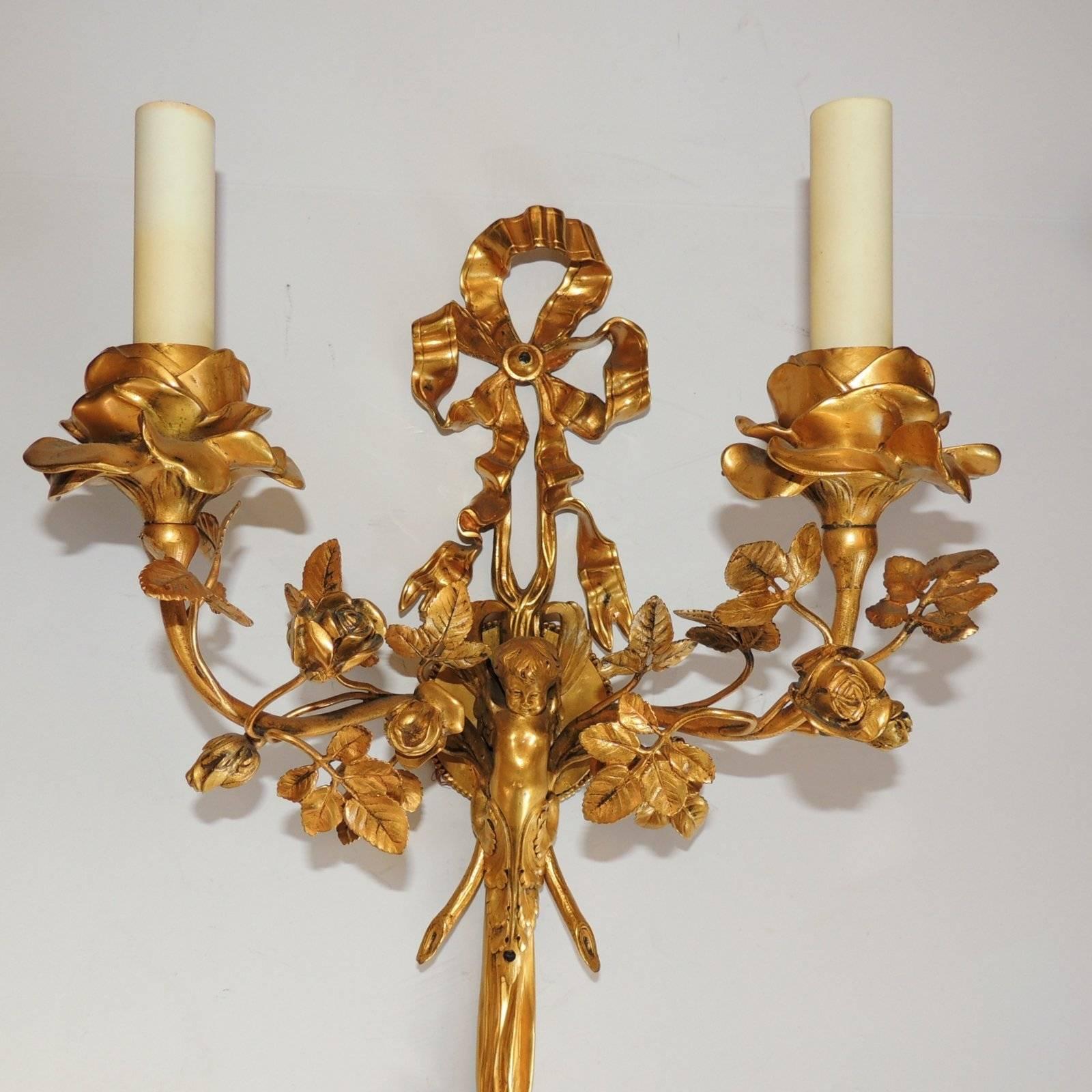 American Wonderful Pair of Caldwell Dore Bronze Ribbon Tassel Floral Putti Cherub Sconces